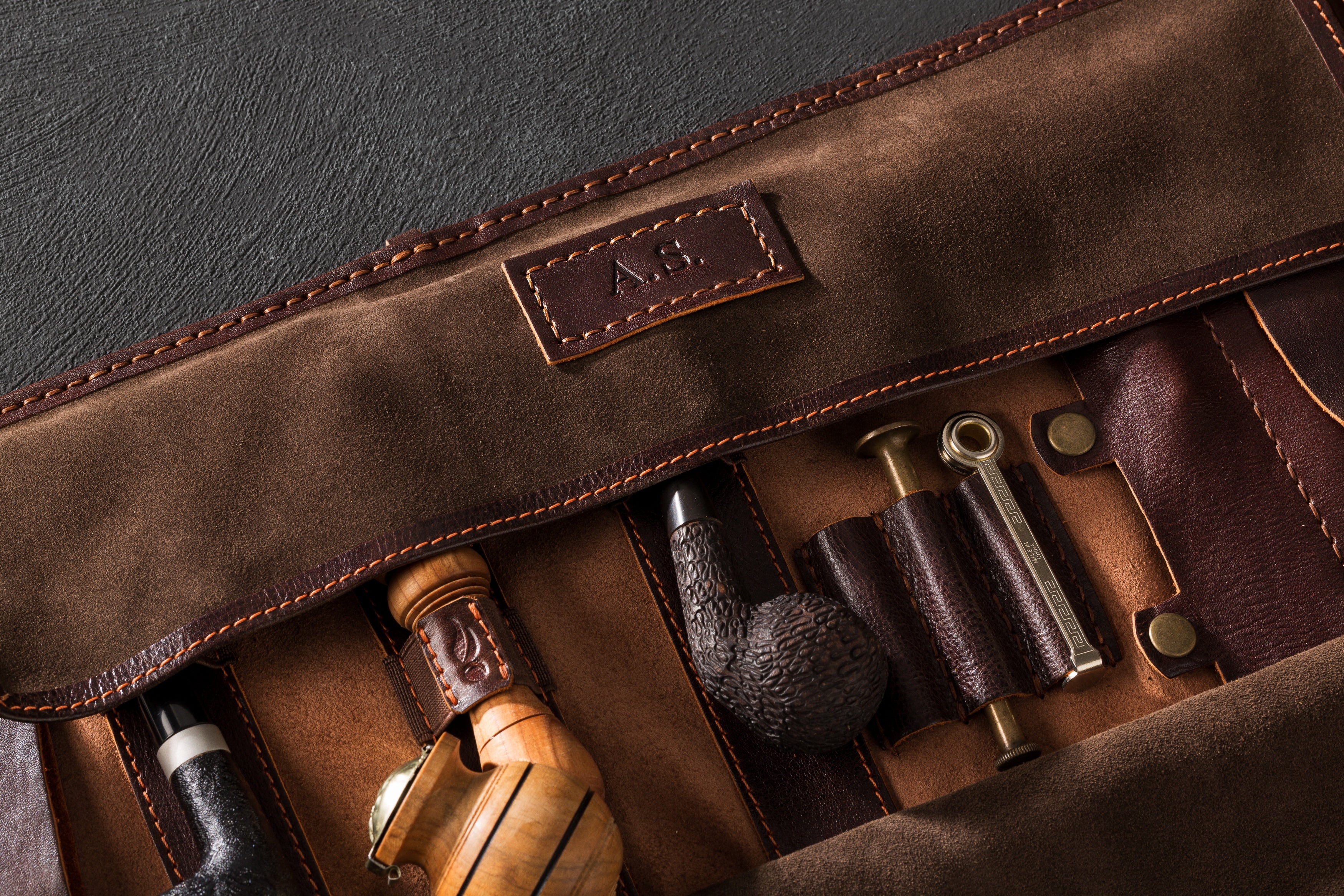 Personalized Leather Pipe Roll Up “New Breath” | Original Pipe Roll for Tobacco Pipe Smokers | Dark brown