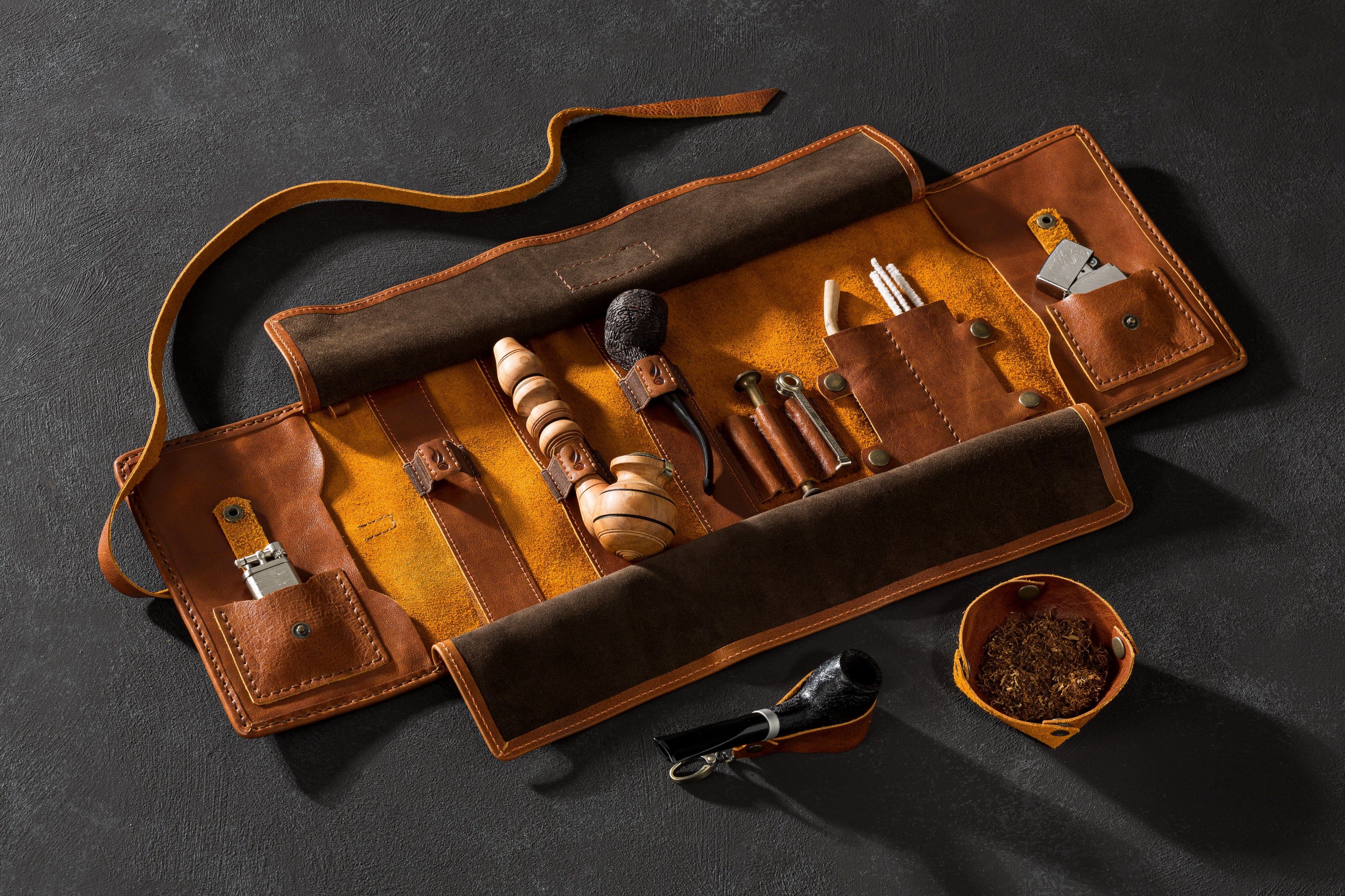 Personalized leather pipe roll up “New Breath” | Original Pipe Roll for Tobacco Pipe Smokers | Light brown