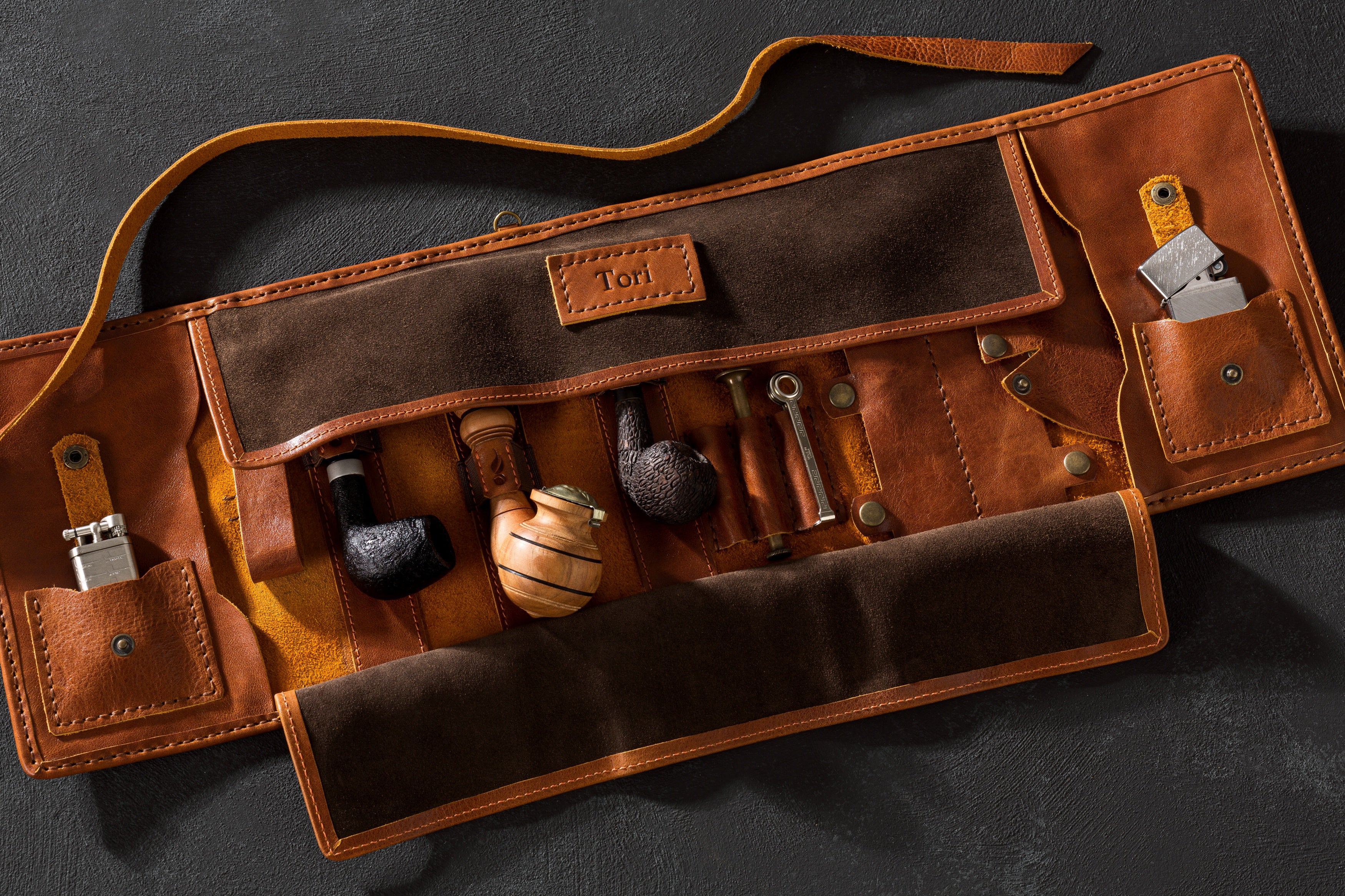 Personalized leather pipe roll up “New Breath” | Original Pipe Roll for Tobacco Pipe Smokers | Light brown