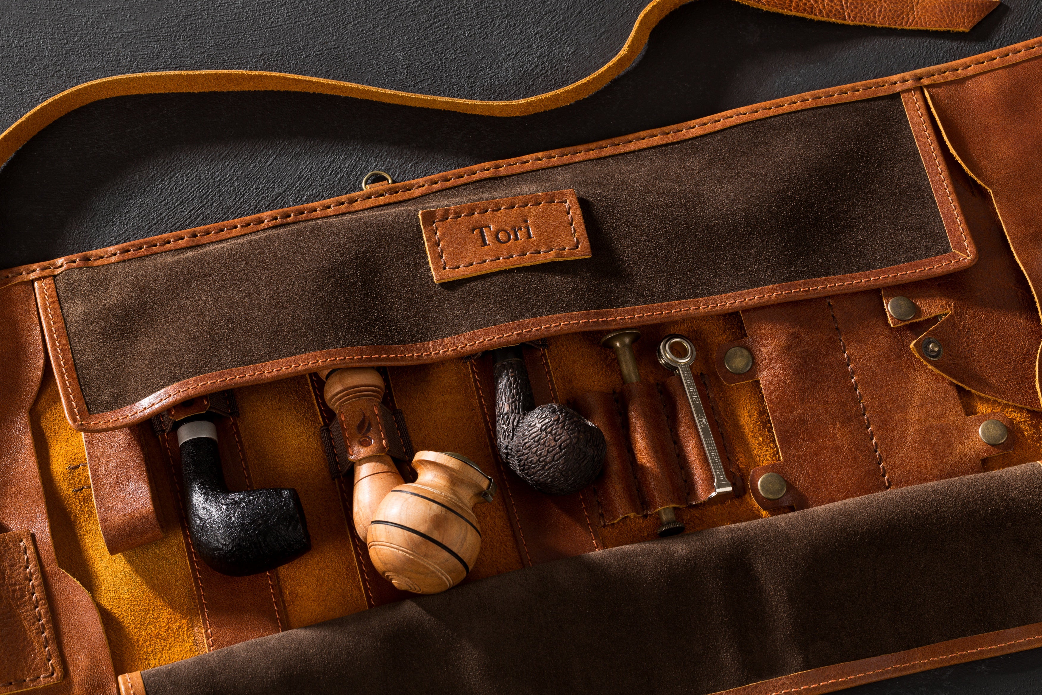 Personalized leather pipe roll up “New Breath” | Original Pipe Roll for Tobacco Pipe Smokers | Light brown
