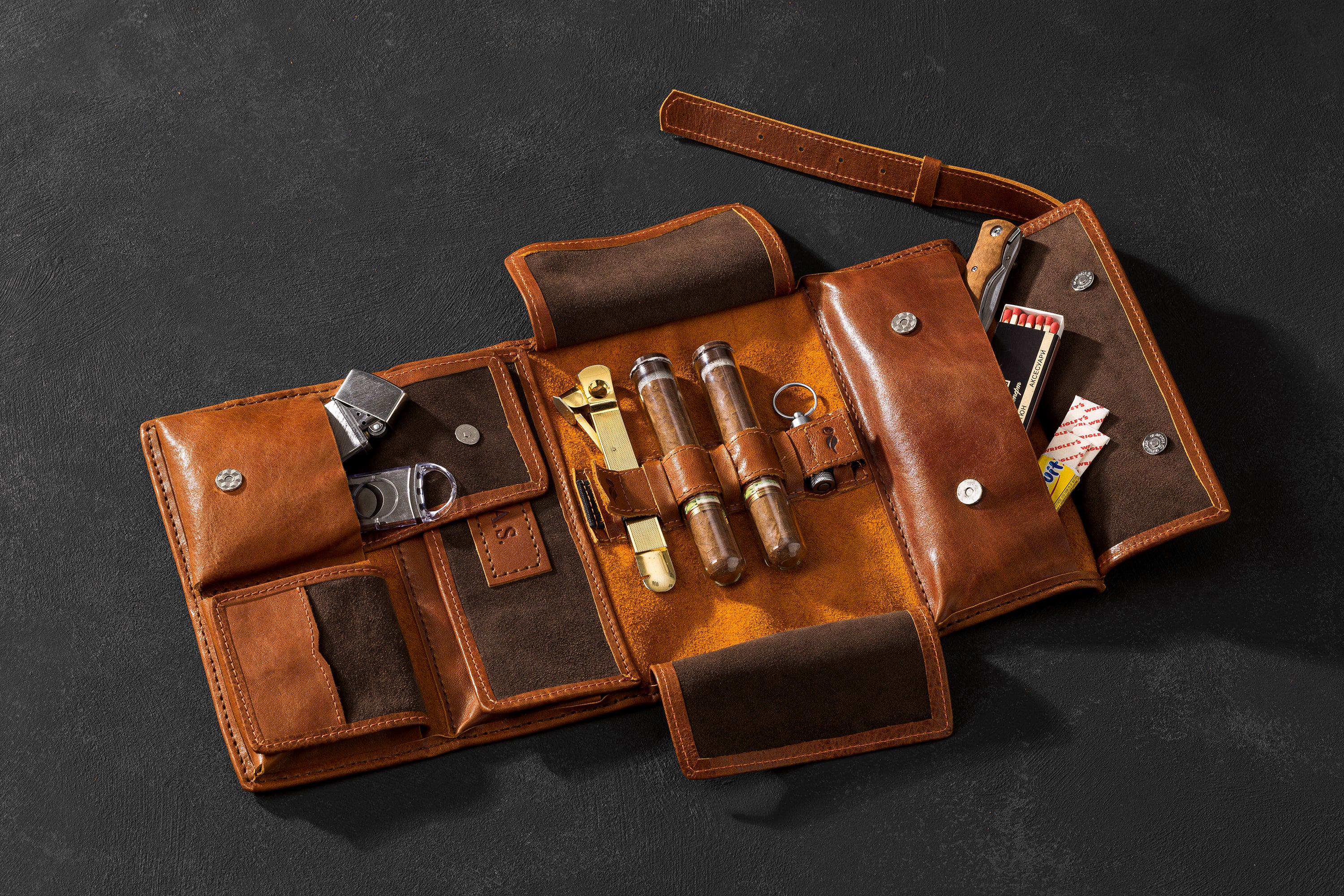 Leather Cigar Travel Pouch | Organizer for Cigars, Cutter, Lighter & Accessories
