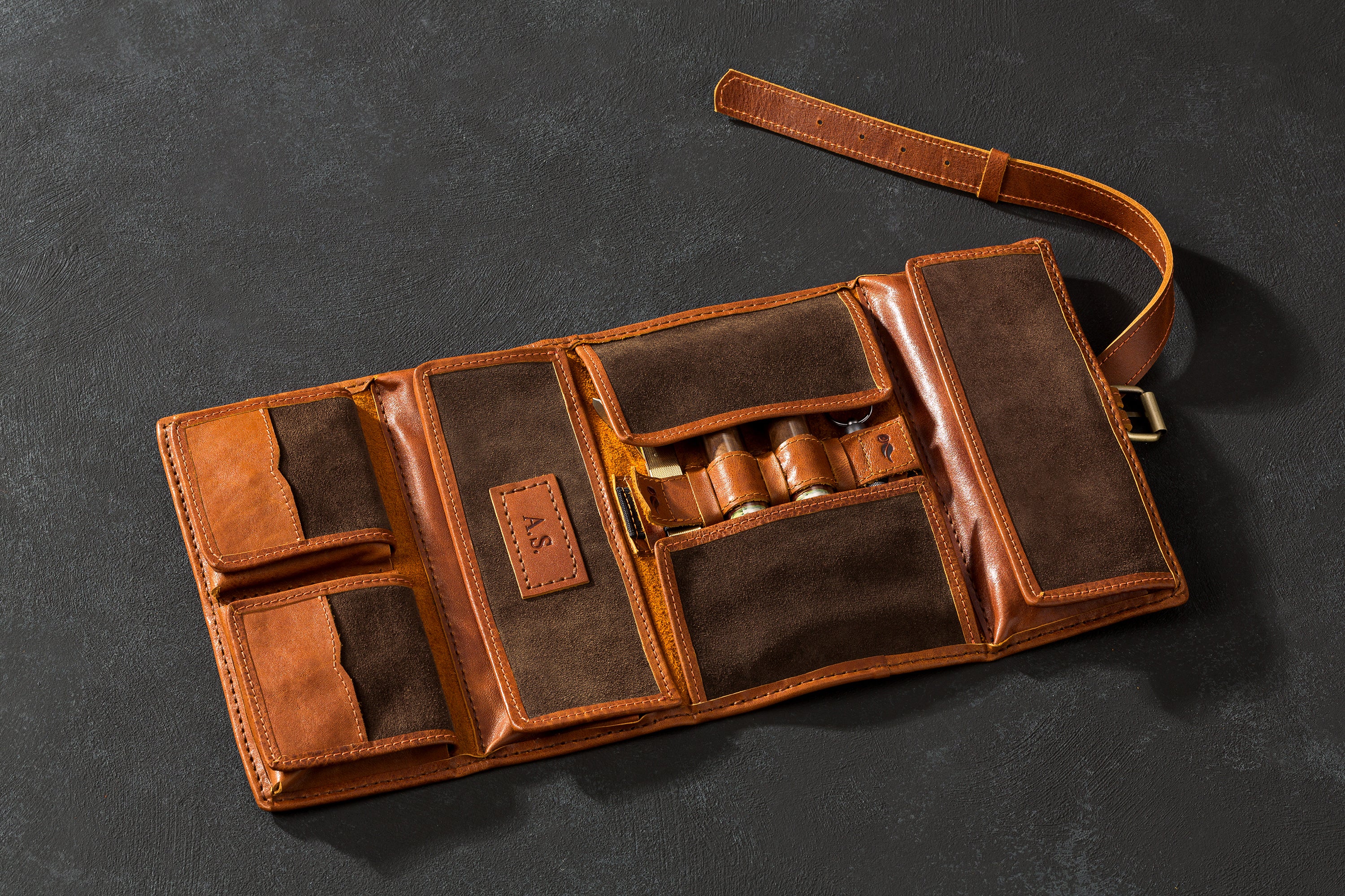 Leather Cigar Travel Pouch | Organizer for Cigars, Cutter, Lighter & Accessories