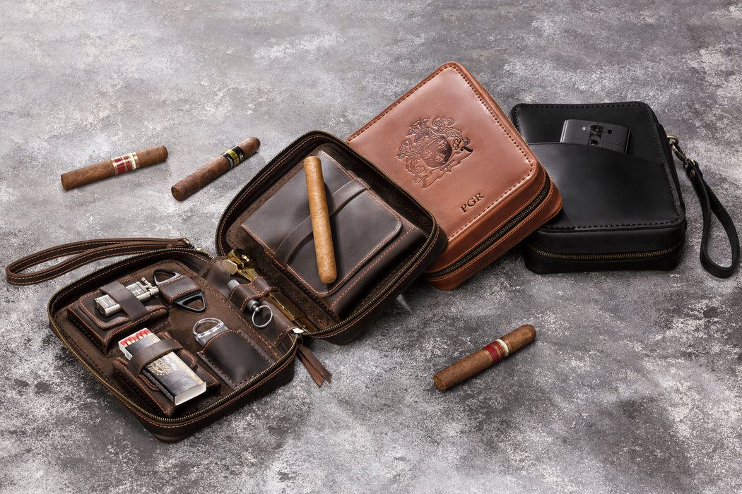 brown and black leather cigar case outside for cigars accessories