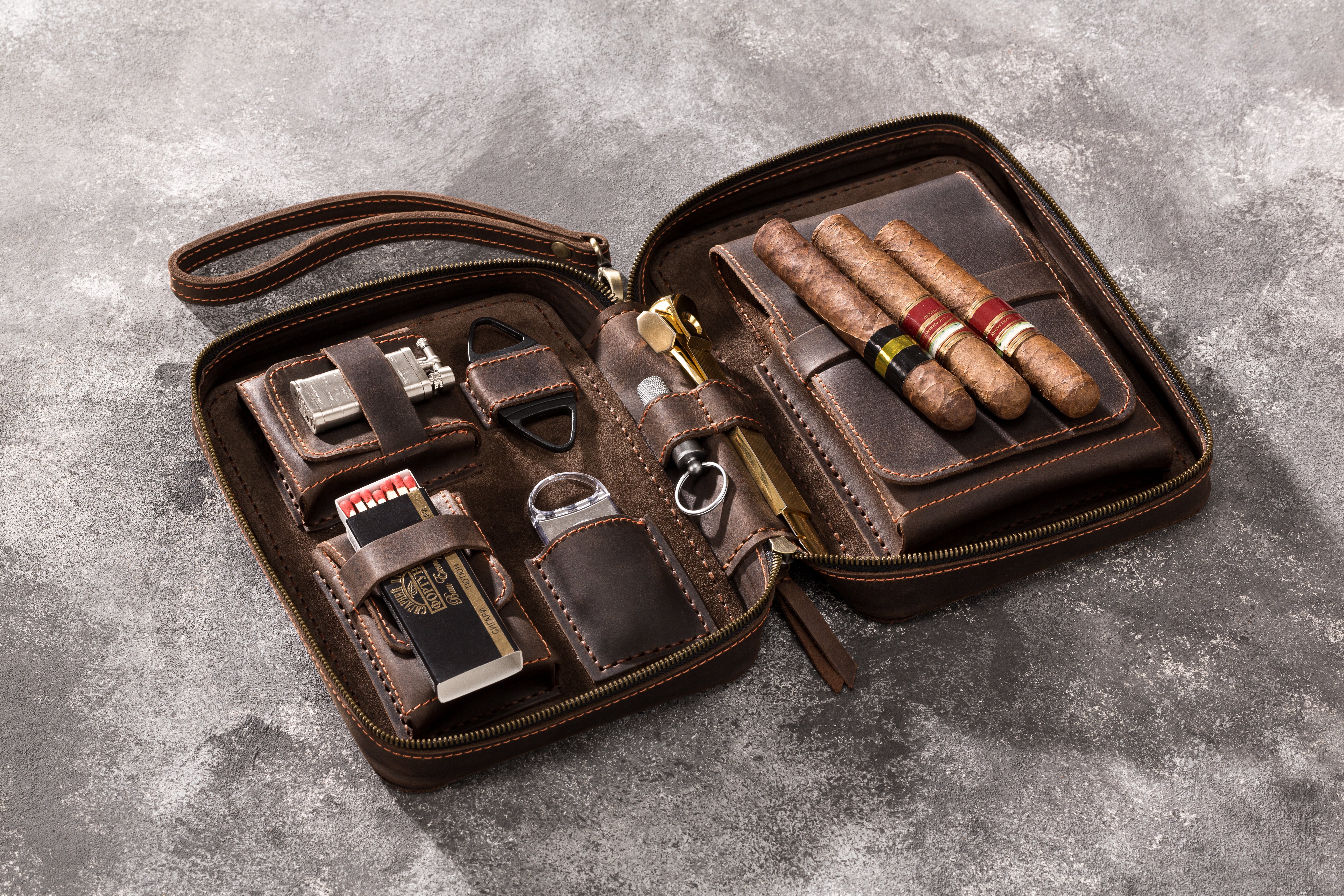 brown leather cigar case outside for cigars accessories