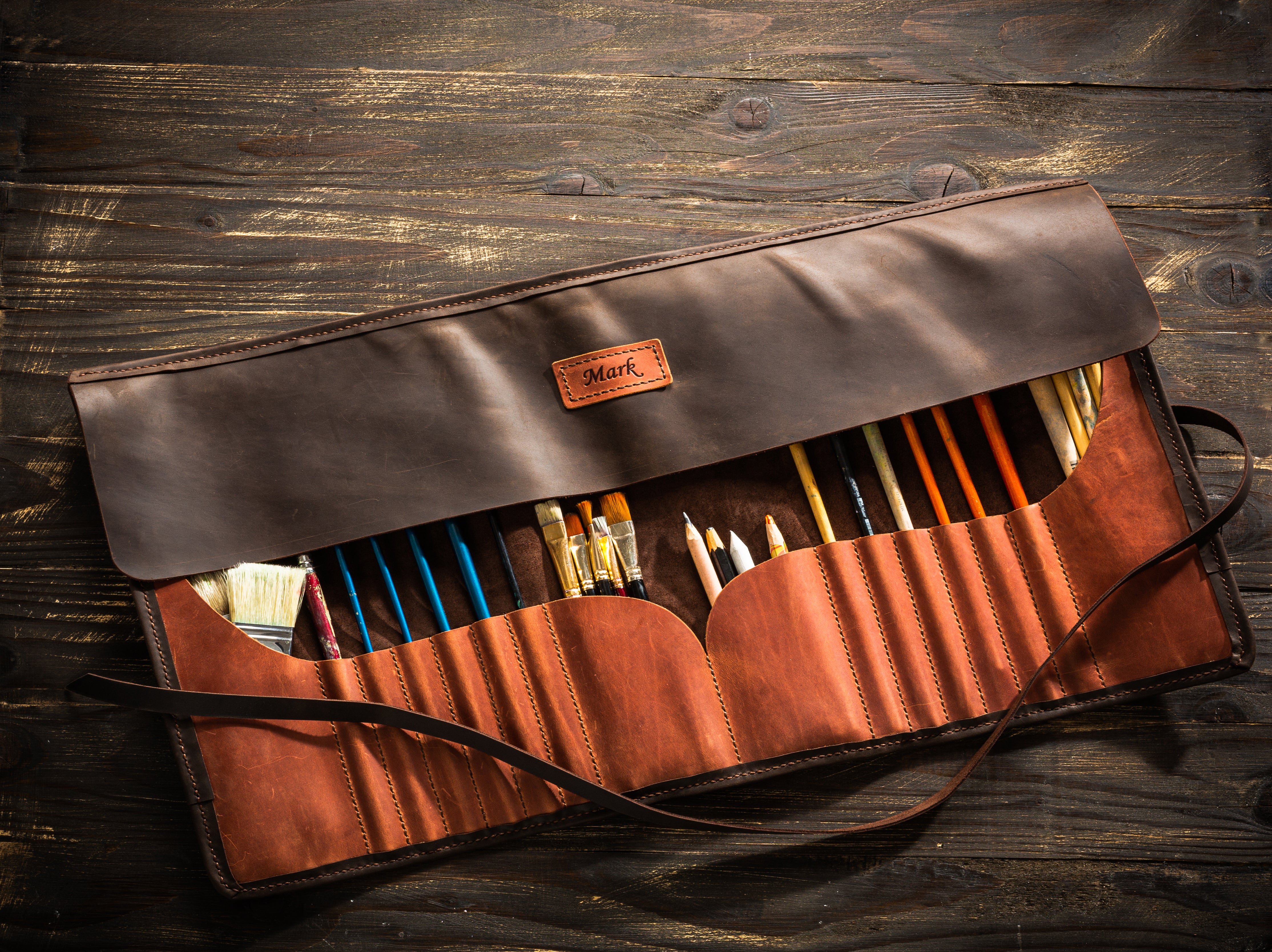 Personalized leather artist roll with name tag handmade in Burnt Umber color artist gift