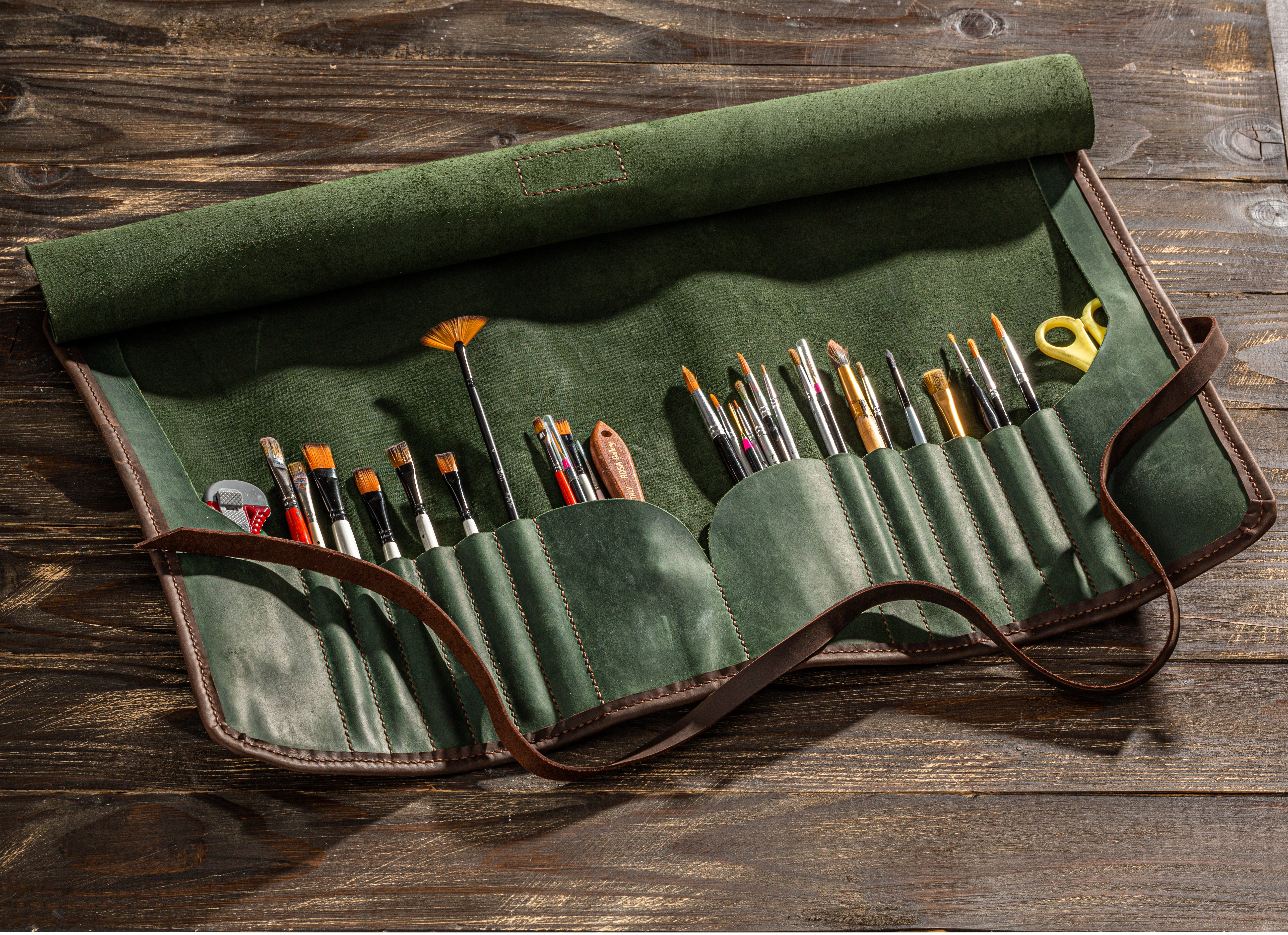Forest green leather brush holder with wrap tie and custom name engraving