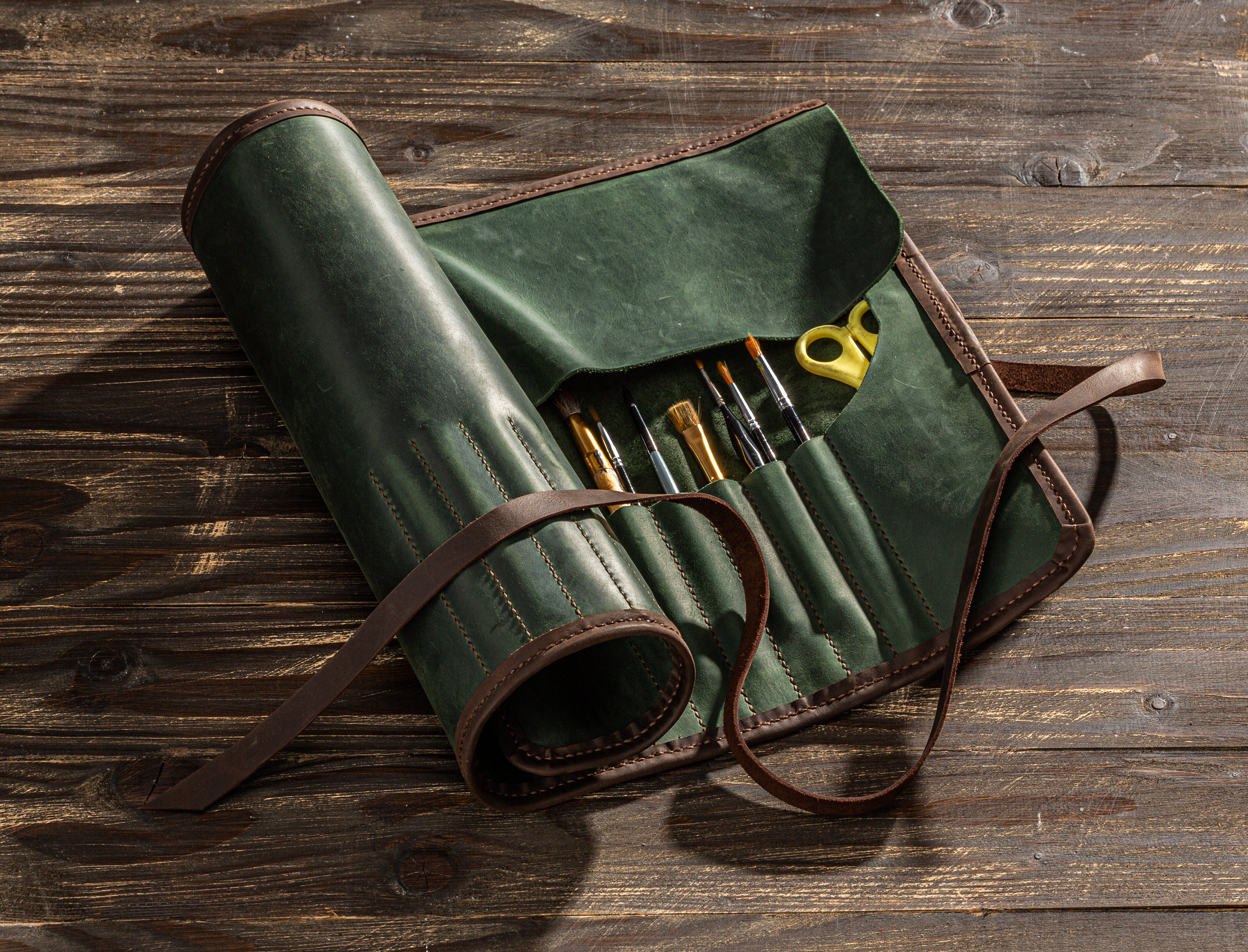 Personalized Leather Artist Brush Roll – Forest Green | Mureli Atelier Series