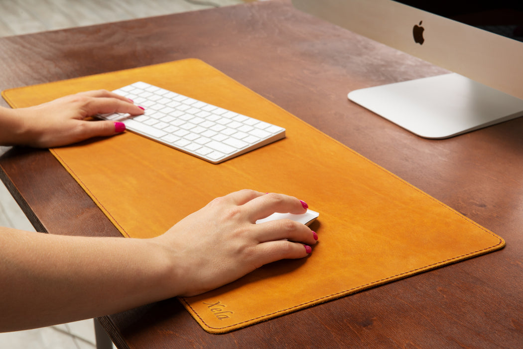 Soft Yellow Leather Desk Pad | Crazy Horse Leather | 2.0 mm Thick | by Mureli