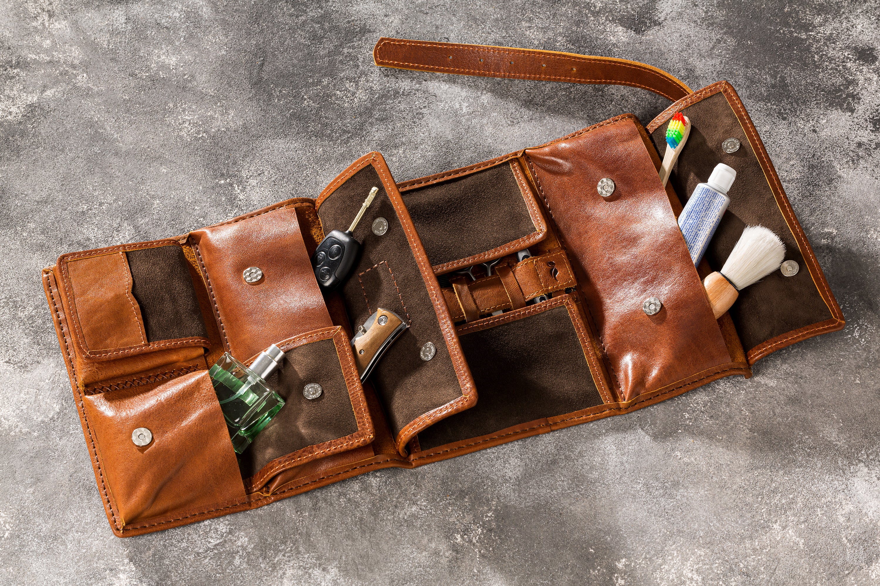 Foldable Leather Toiletry Roll | Travel Pouch for Bathroom Accessories