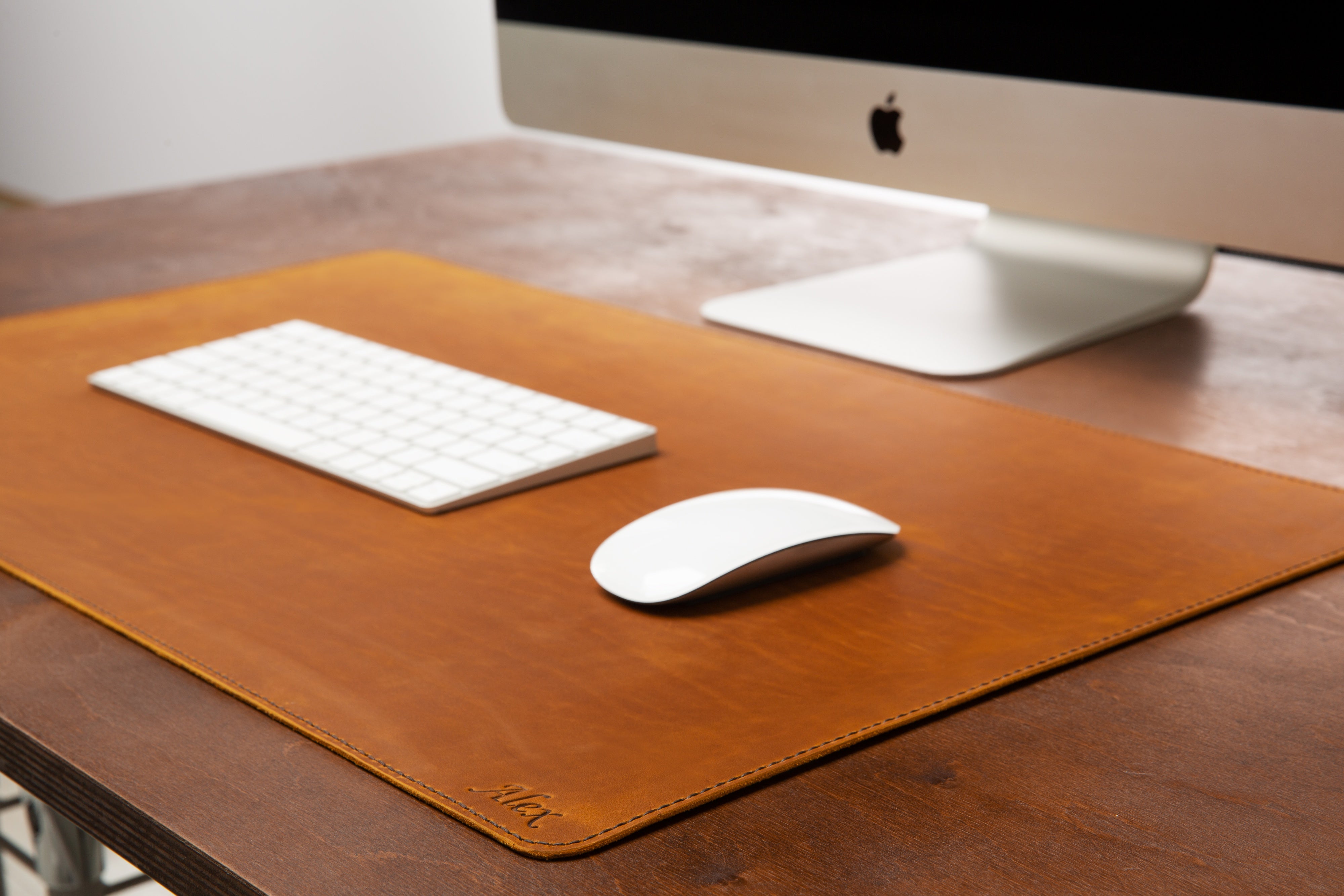 Soft Camel Leather Desk Pad with Brown Decorative Hand Stitching | Crazy Horse Leather by Mureli | The leather is 2.0 mm thick