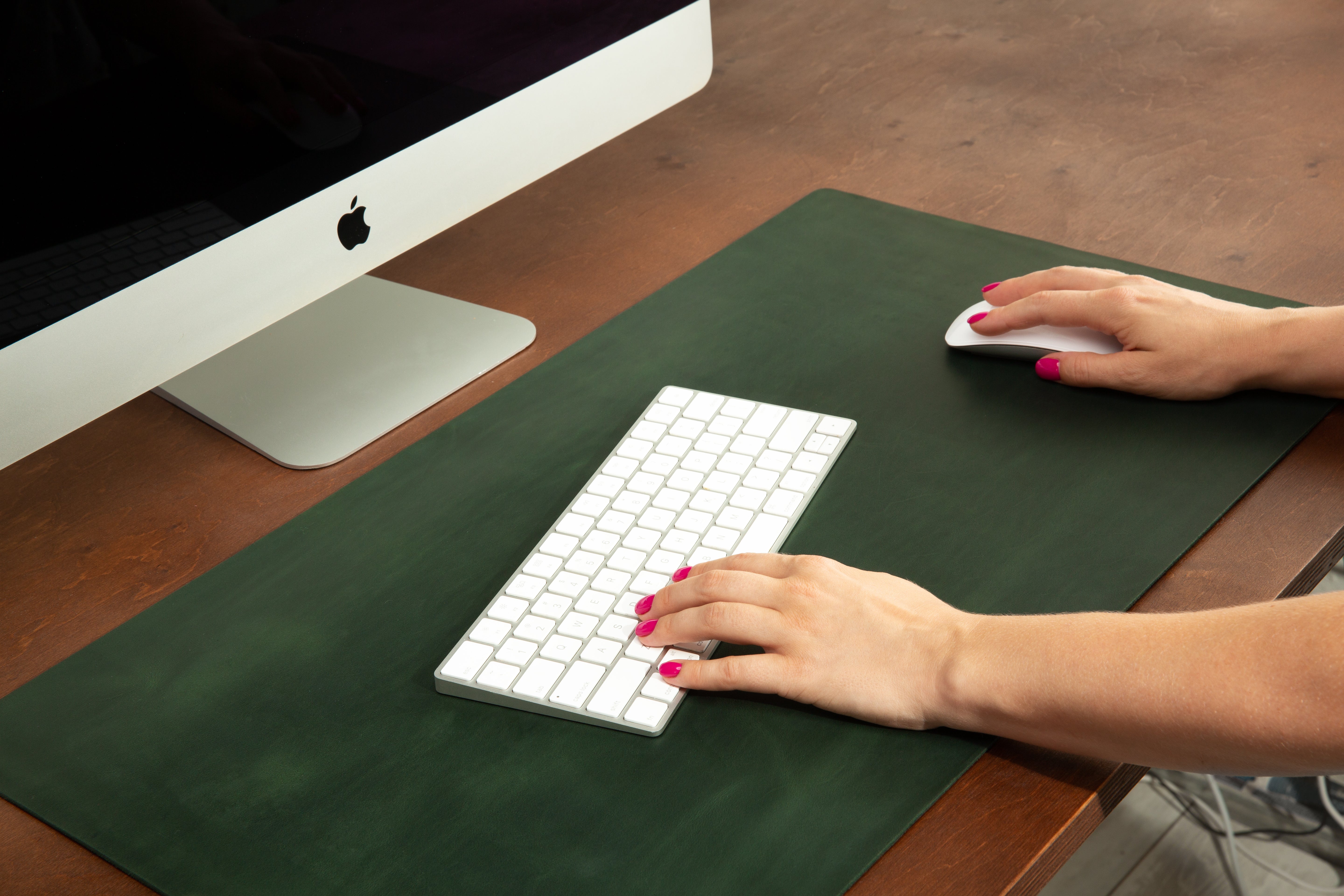 Green Vintage Leather Desk Pad | Crazy Horse Leather by Mureli with woomen hands