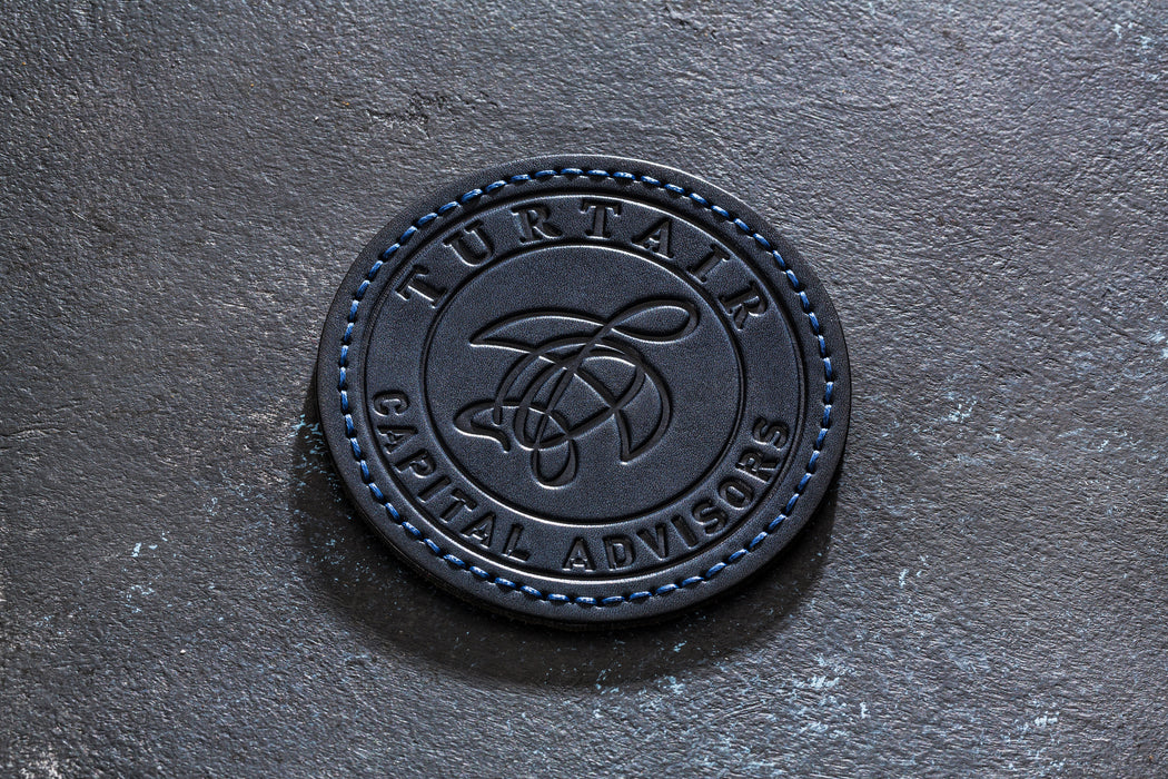 Personalized Blue Coaster Set – Rustic Leather Style for Business or Home