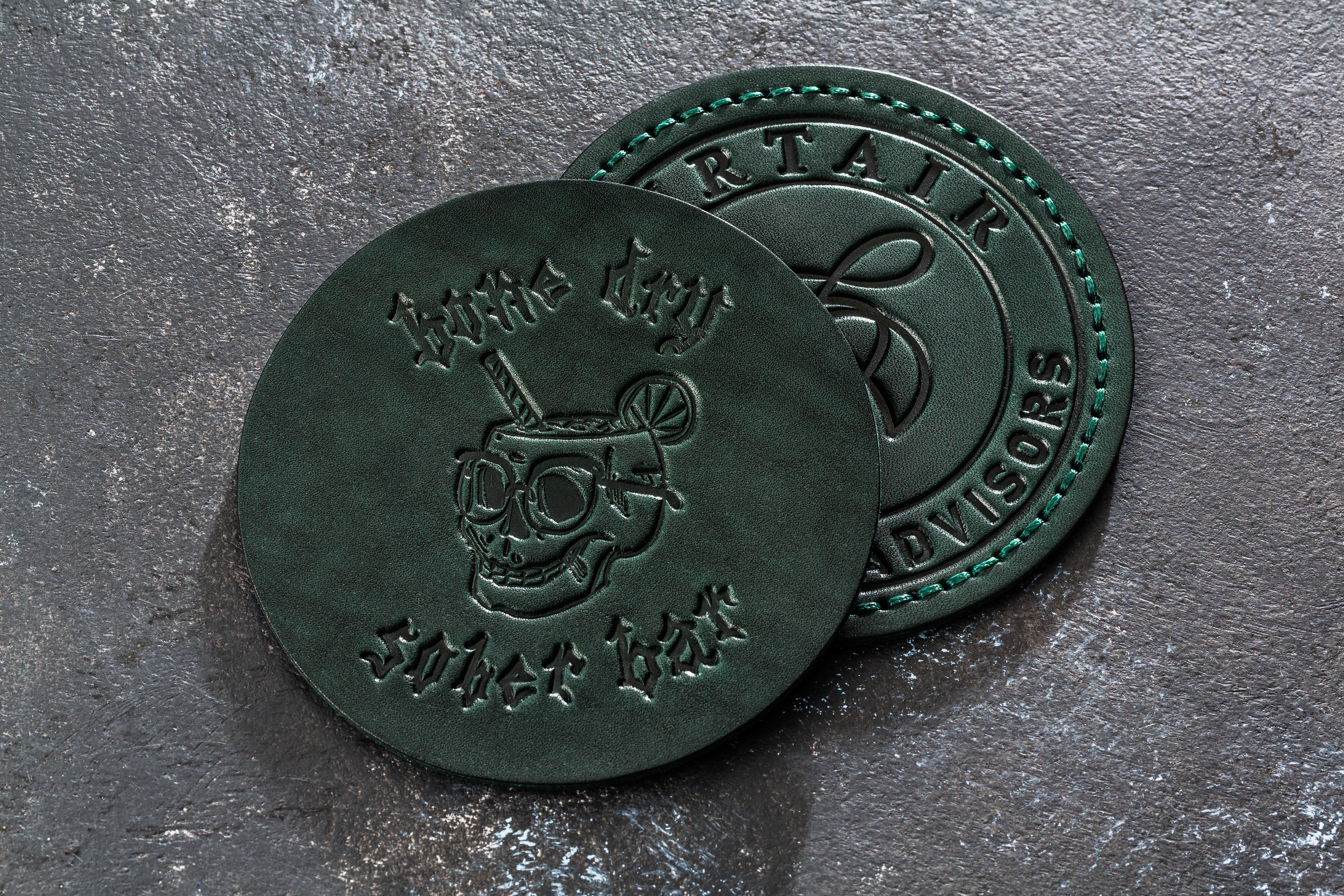 Set of Green Leather Coasters – Personalized Gift for Him or Business