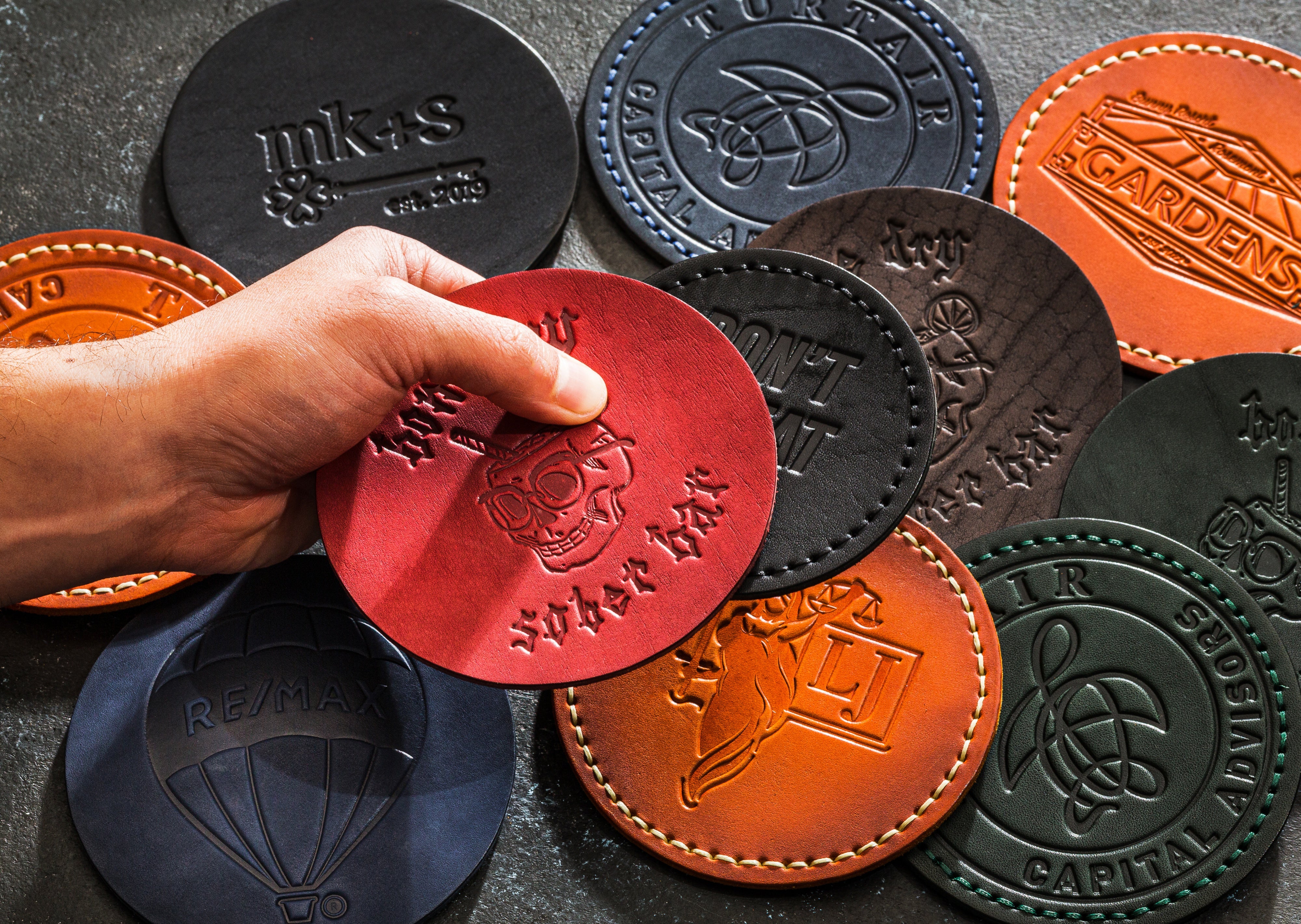 Set of Handmade Leather Drink Coasters – Custom Logo Available