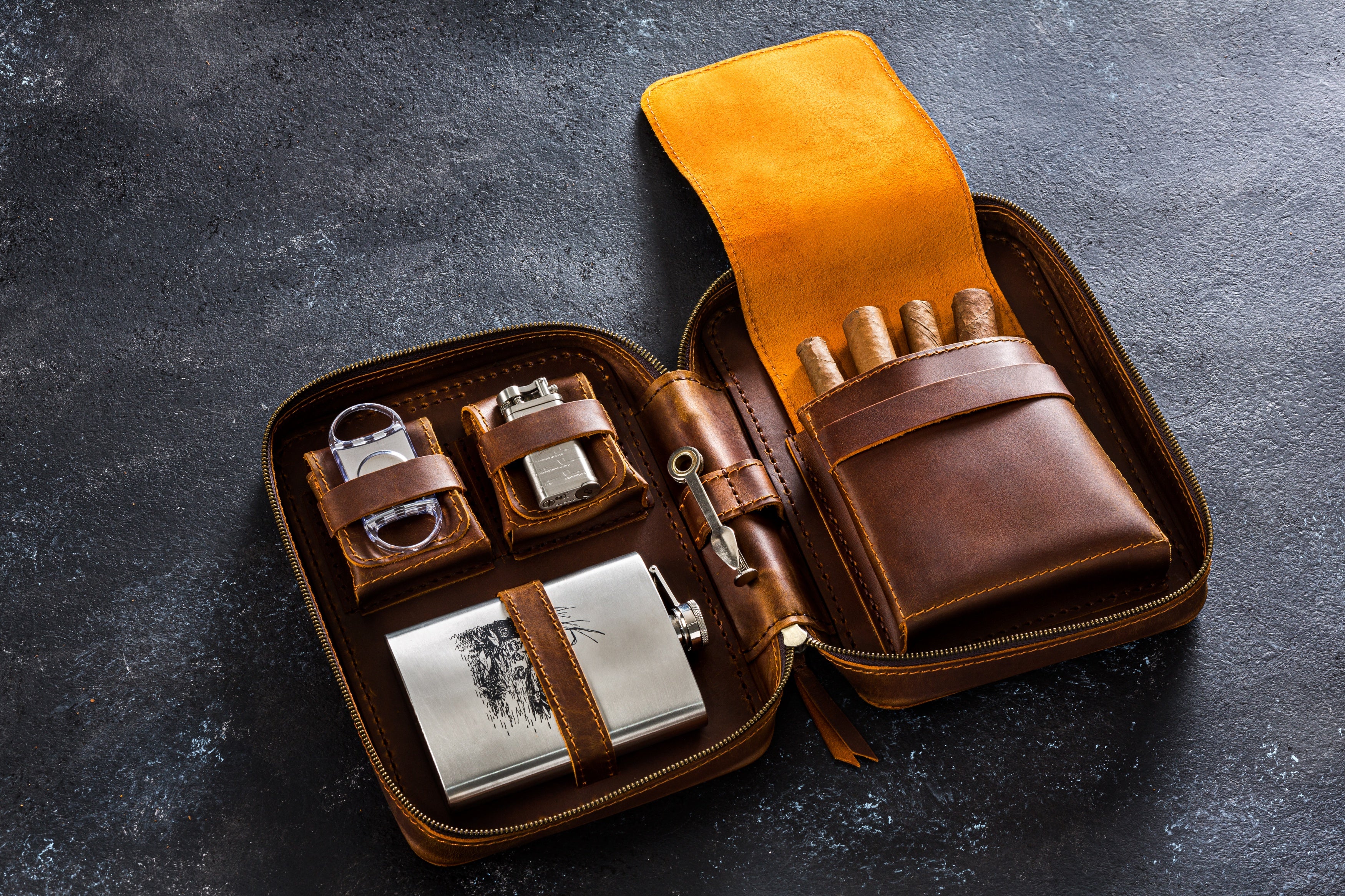 Chestnut Leather Cigar Travel Case with Flask Slot | Custom Engraved Gift for Him