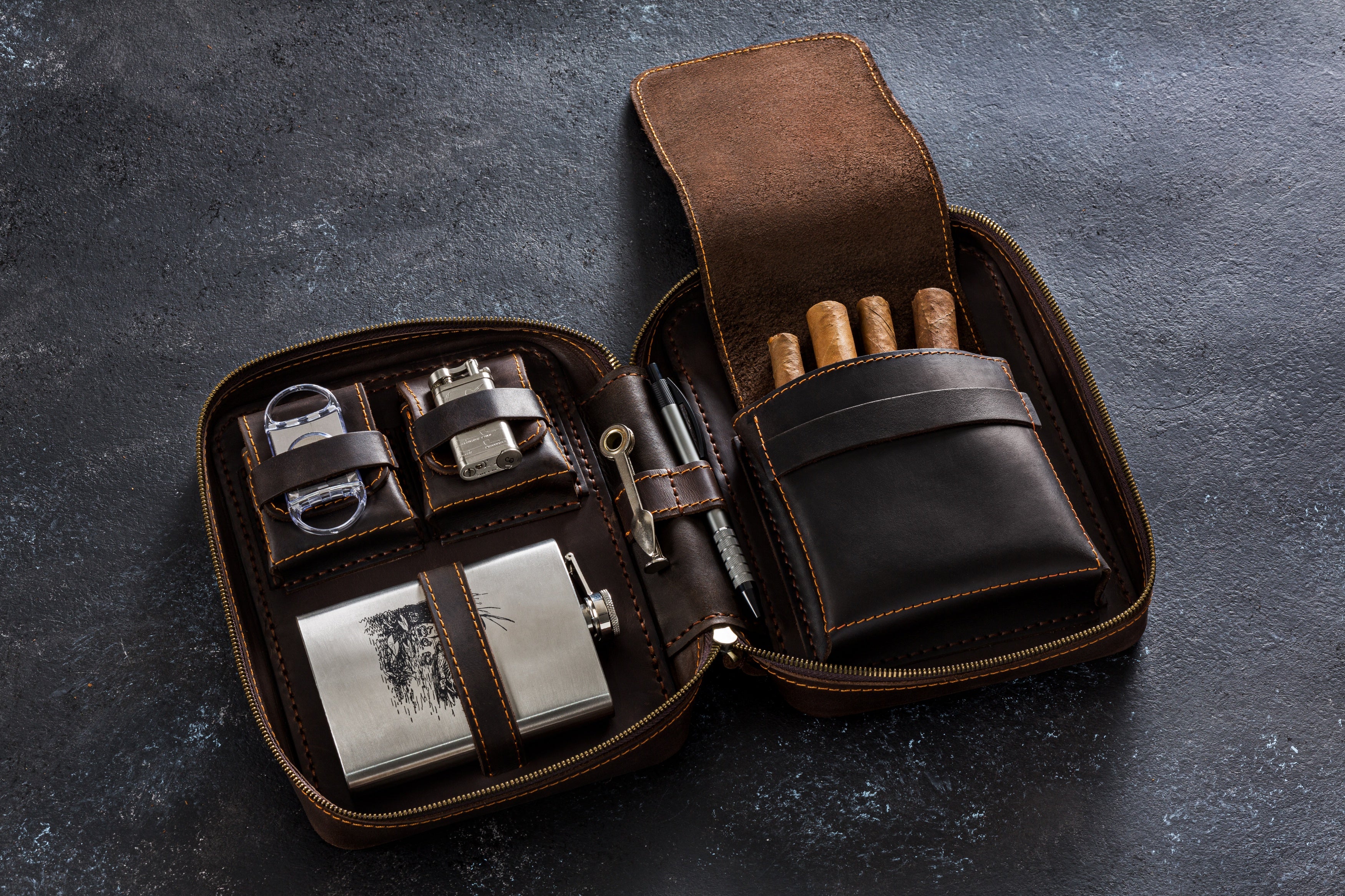 Dark Brown Leather Cigar Case with Flask Pocket | Personalized Travel Gift for Men