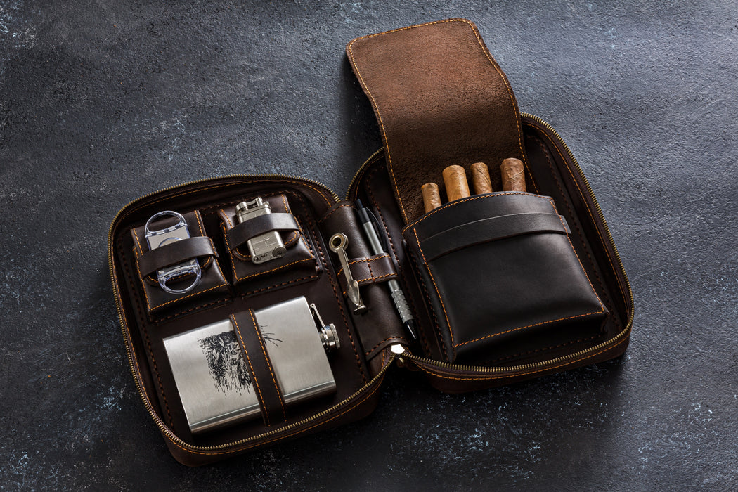 Dark Brown Leather Cigar Case with Flask Pocket | Personalized Travel Gift for Men