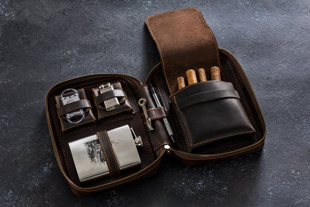 Dark Brown Leather Cigar Case with Flask Pocket | Personalized Travel Gift for Men