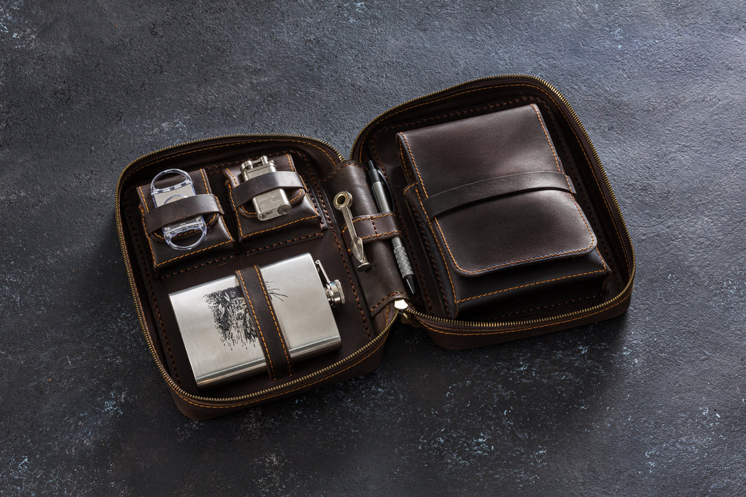 Dark Brown Leather Cigar Case with Flask Pocket | Personalized Travel Gift for Men