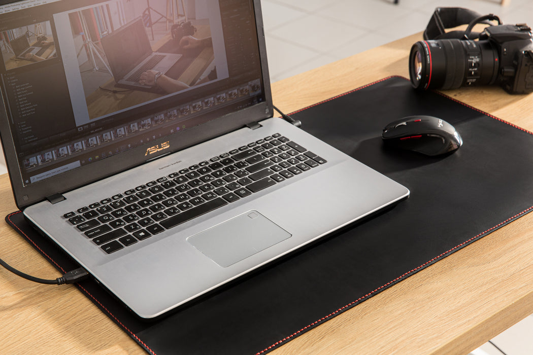 Soft Black Leather Desk Pad red thread and notebook