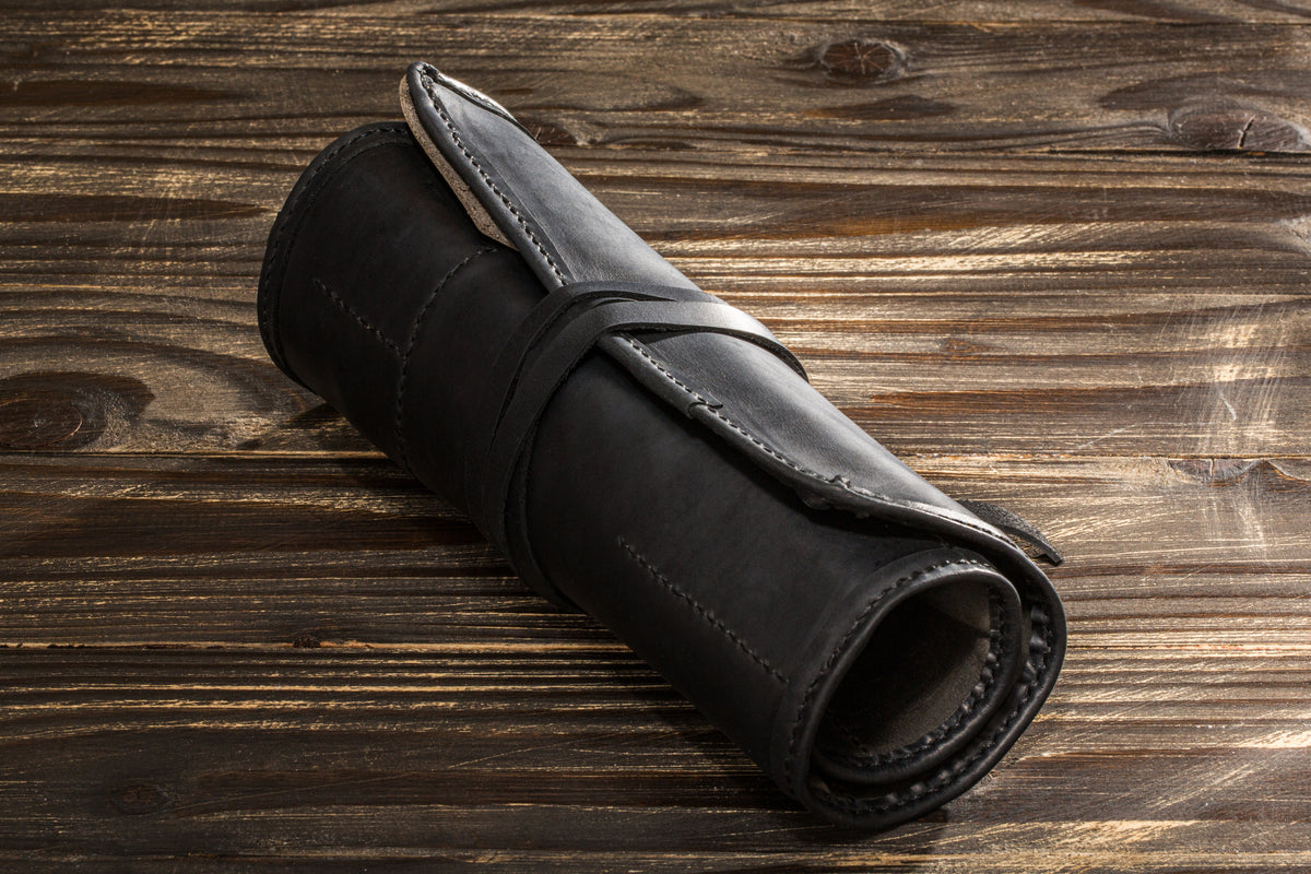 Personalized Black Leather Artist Tool Roll with Gray Interior for Pencils, Brushes & Supplies