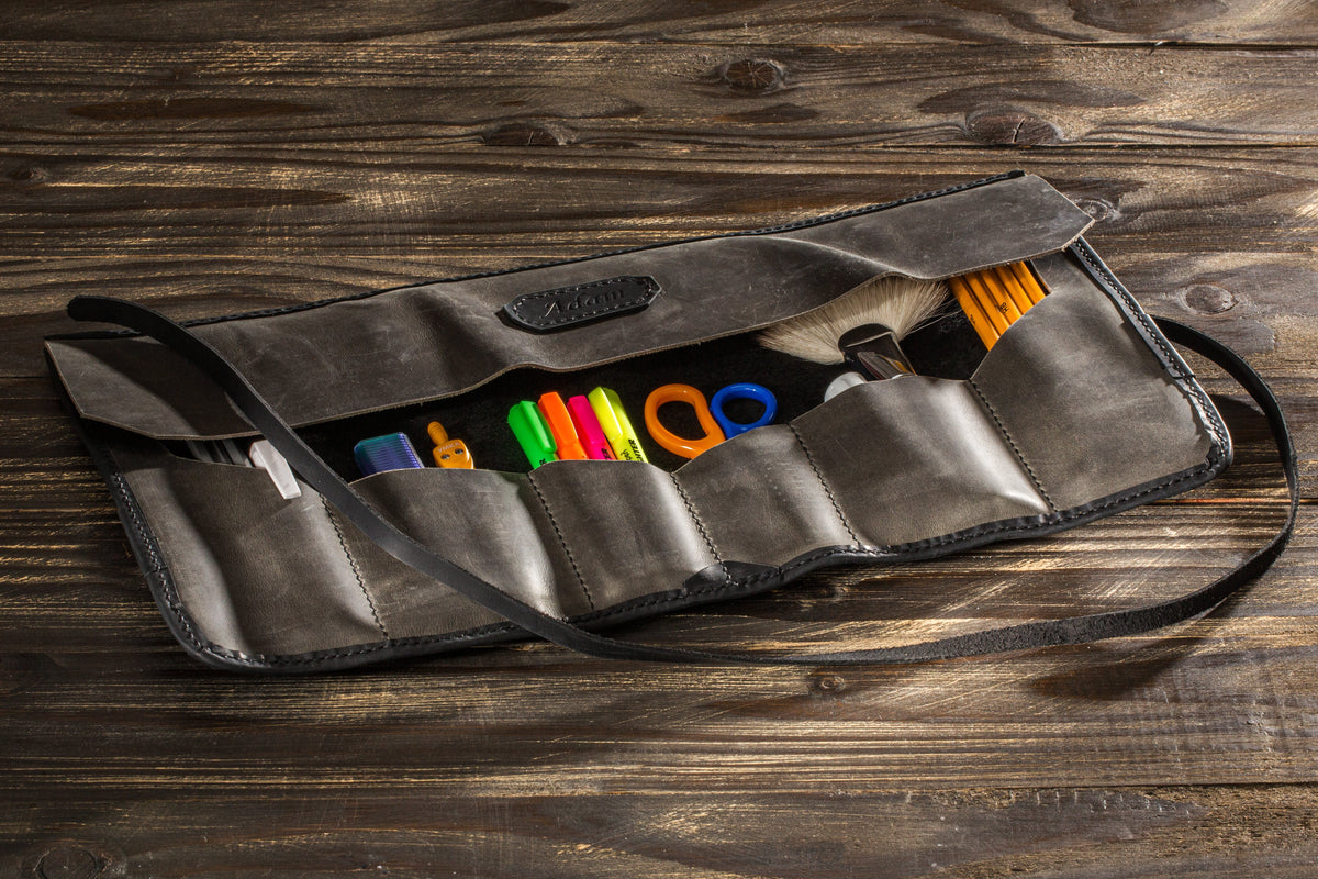 Compact Black Leather Artist Roll with Gray Interior Pockets – Personalized Organizer for Art Tools