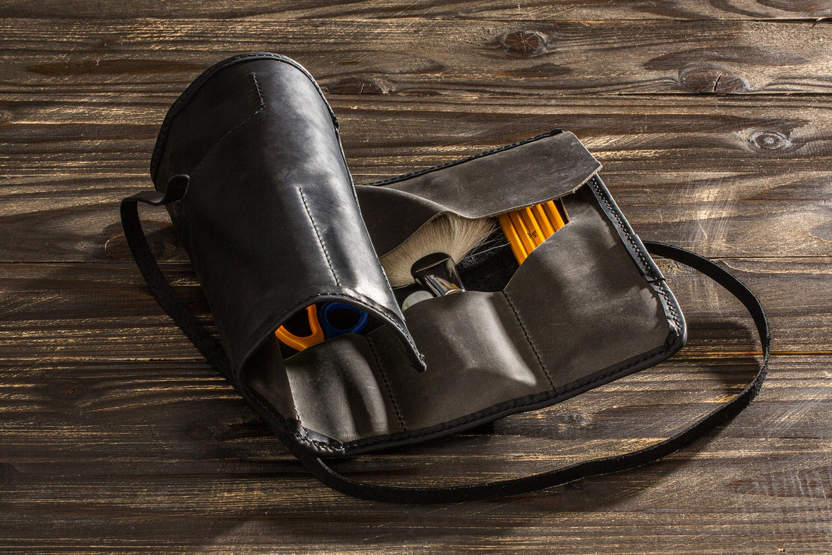Compact Leather Artist Roll in Black & Gray – Personalized Pencil, Brush & Tool Organizer