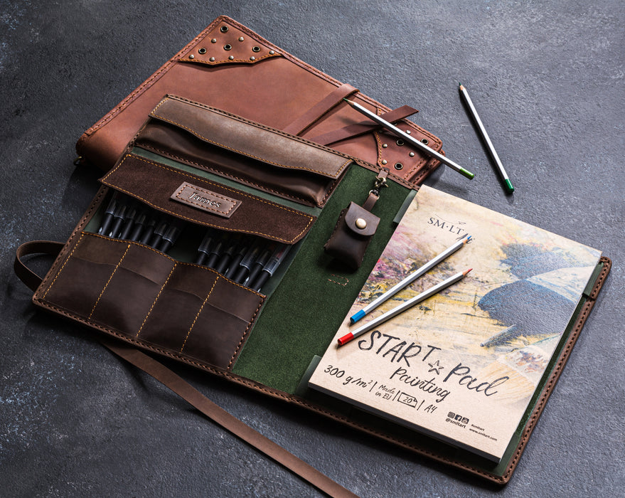 Green suede interior of leather art case