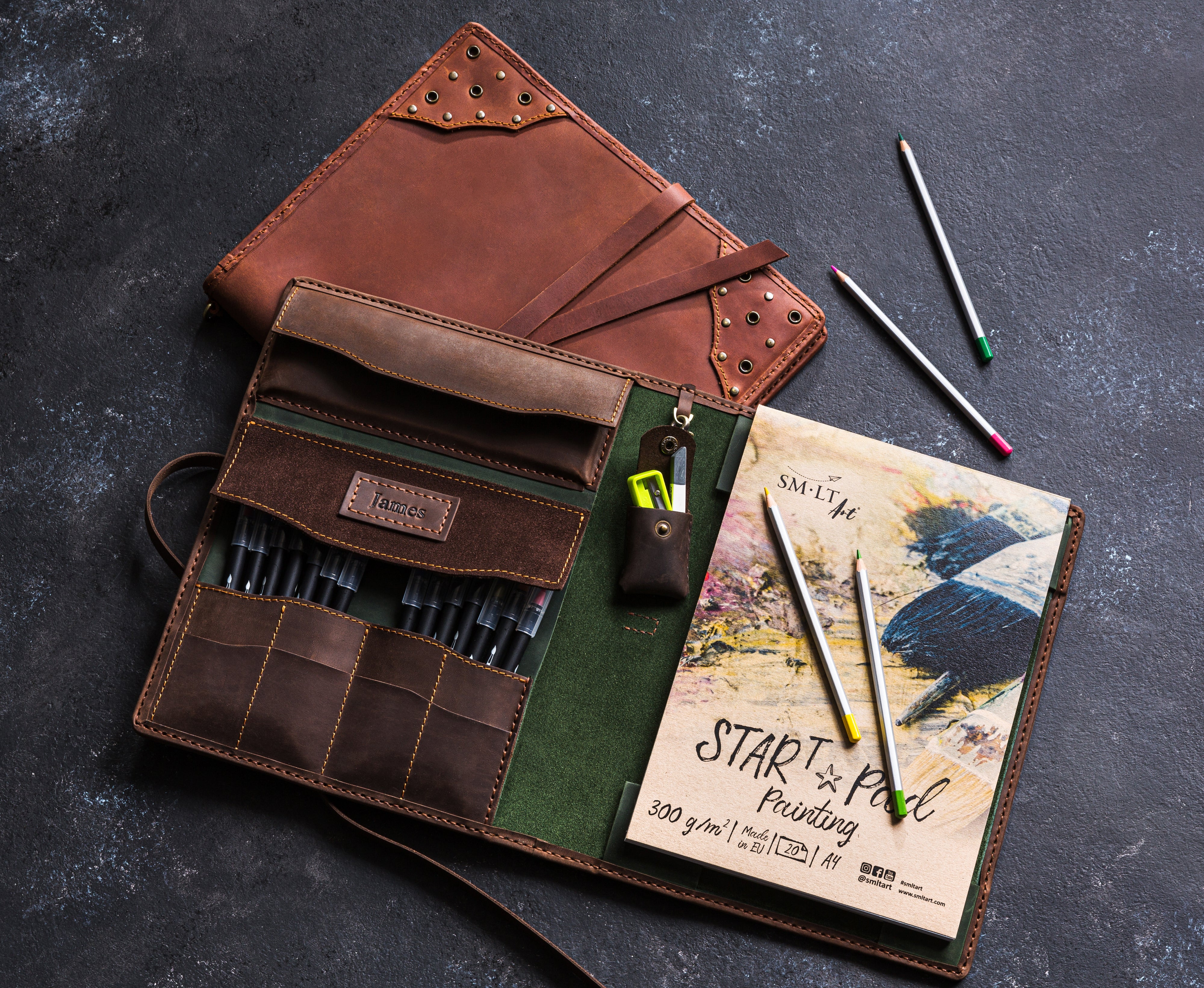 Handmade leather art portfolio for drawing