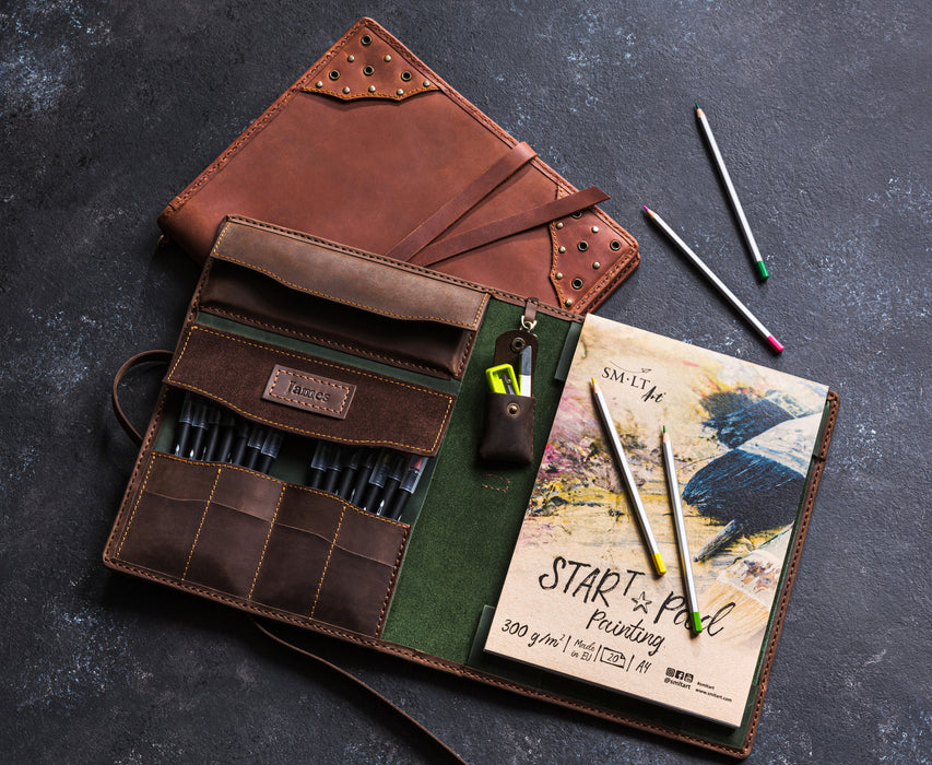 Handmade leather art portfolio for drawing