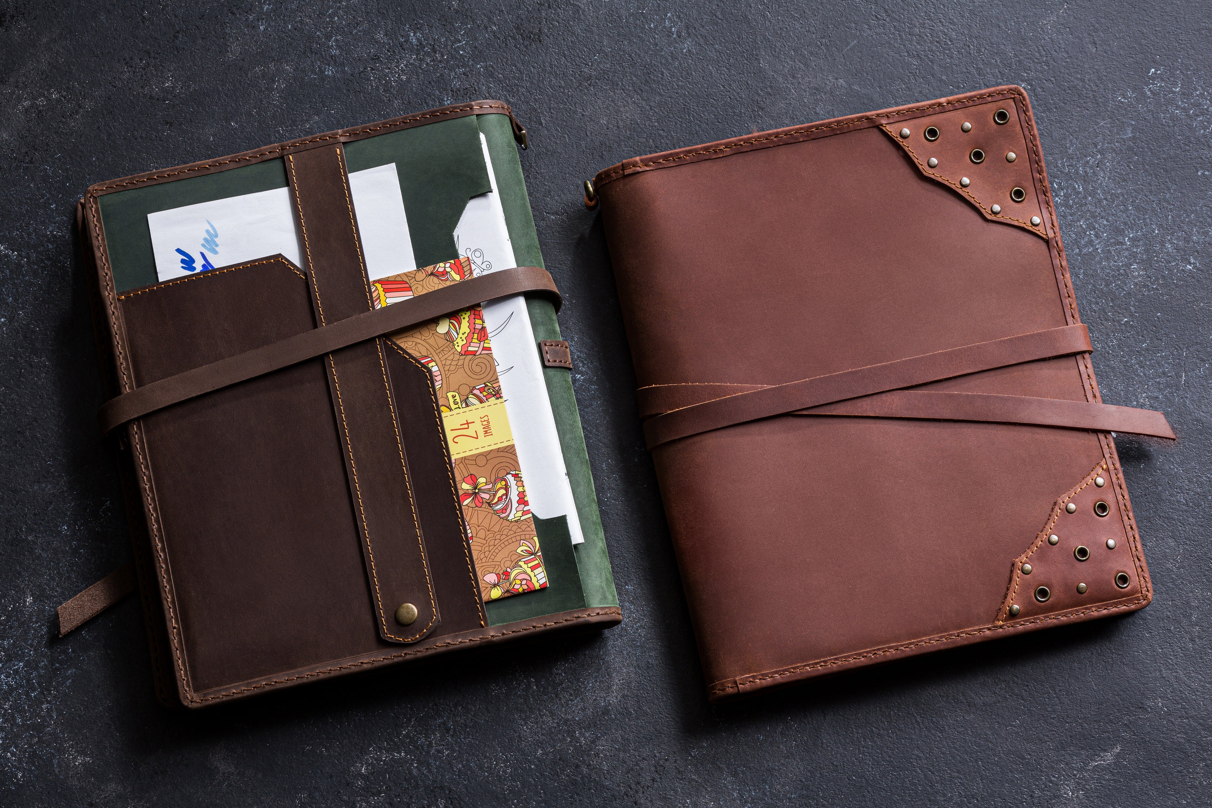 Organizer with elastic strap holding sketchbook