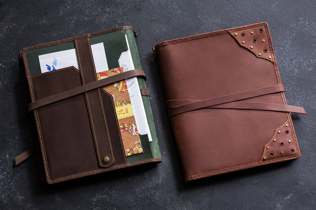 Organizer with elastic strap holding sketchbook