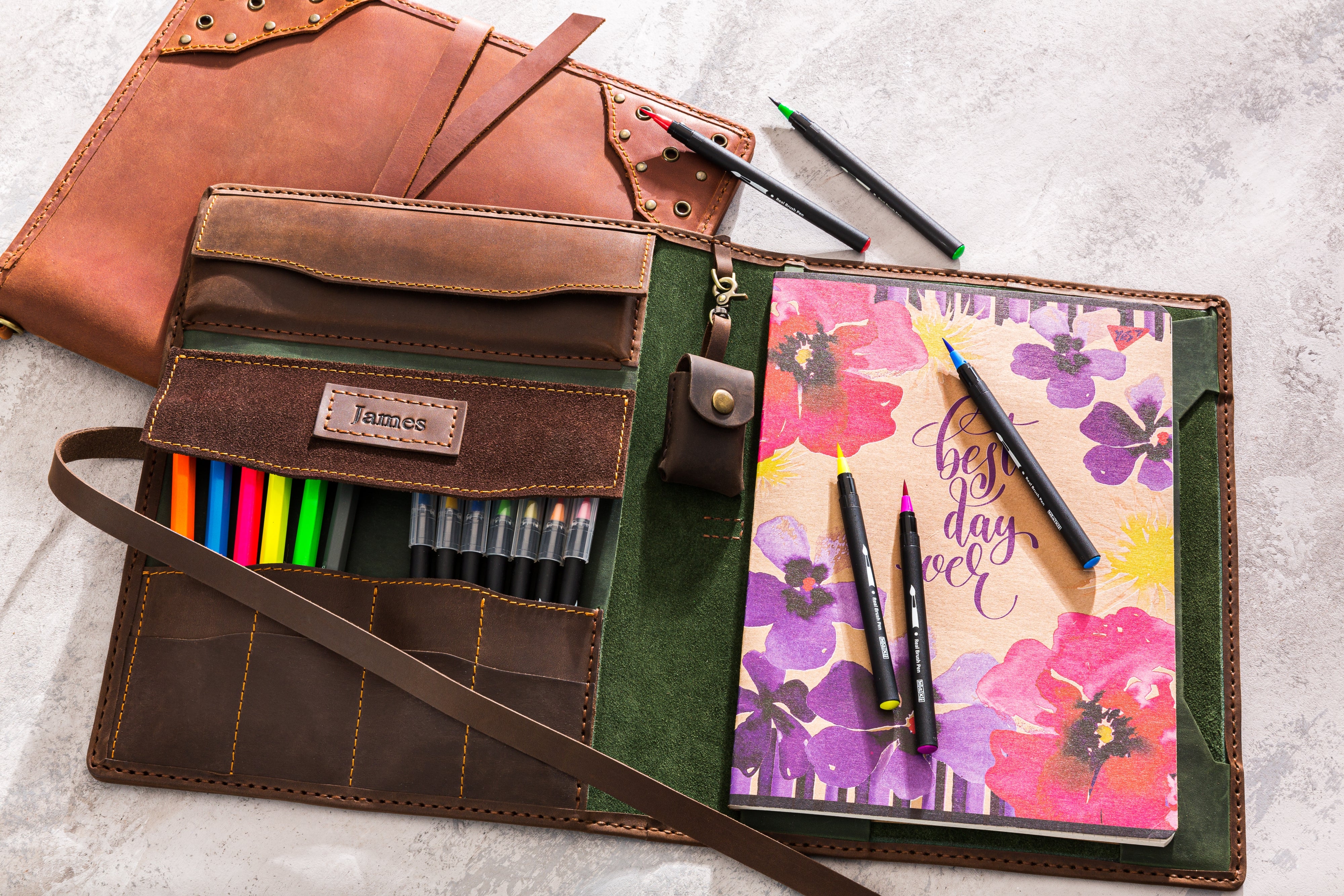 Leather artist organizer with sketchbook and pencils