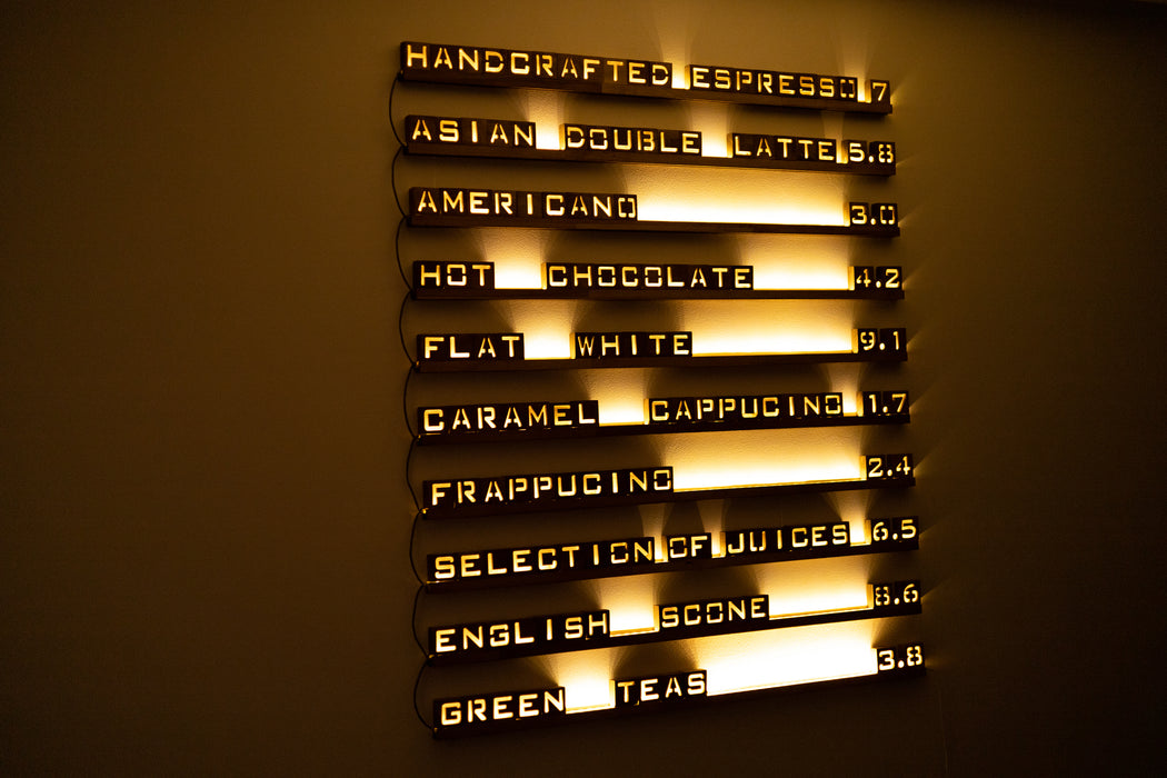 Backlit wall menu board for cafe and bar