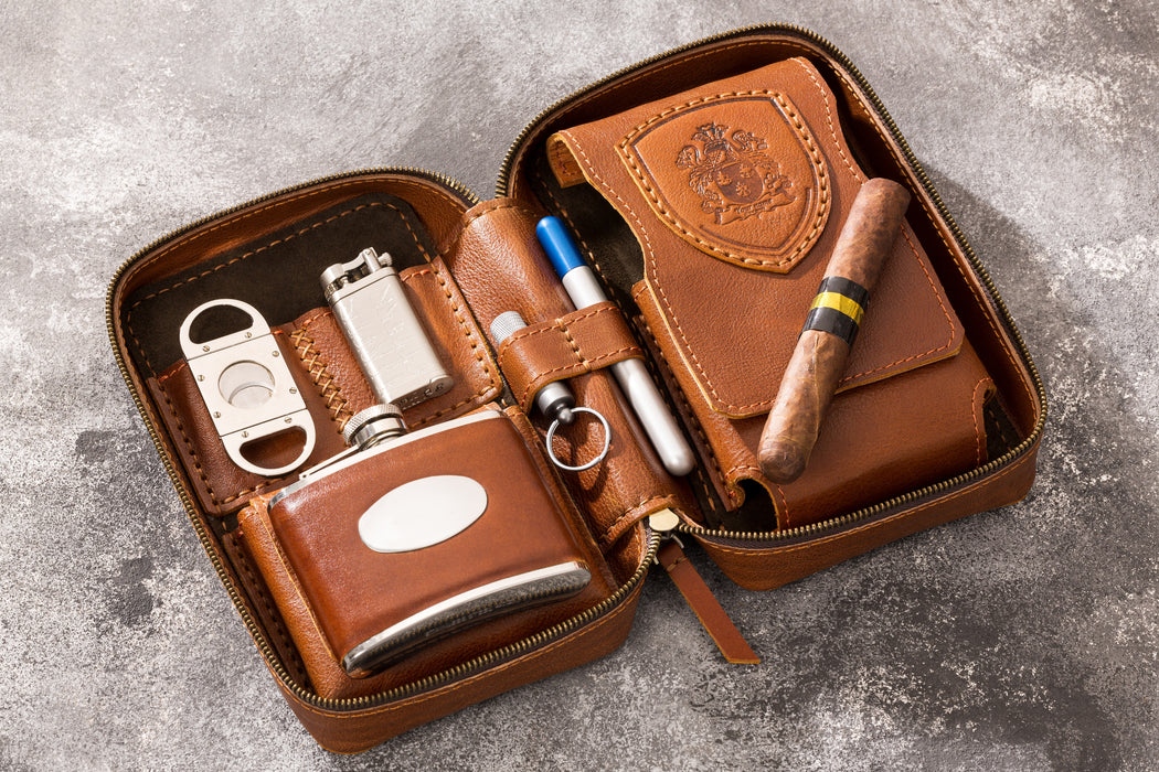 Light Brown Cigar Case from the Hephaestus Series  with flask