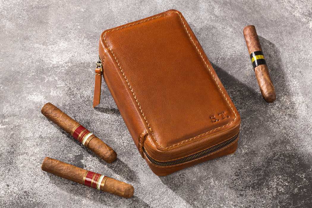 Smaller copper leather cigar travel bag with wooden frame