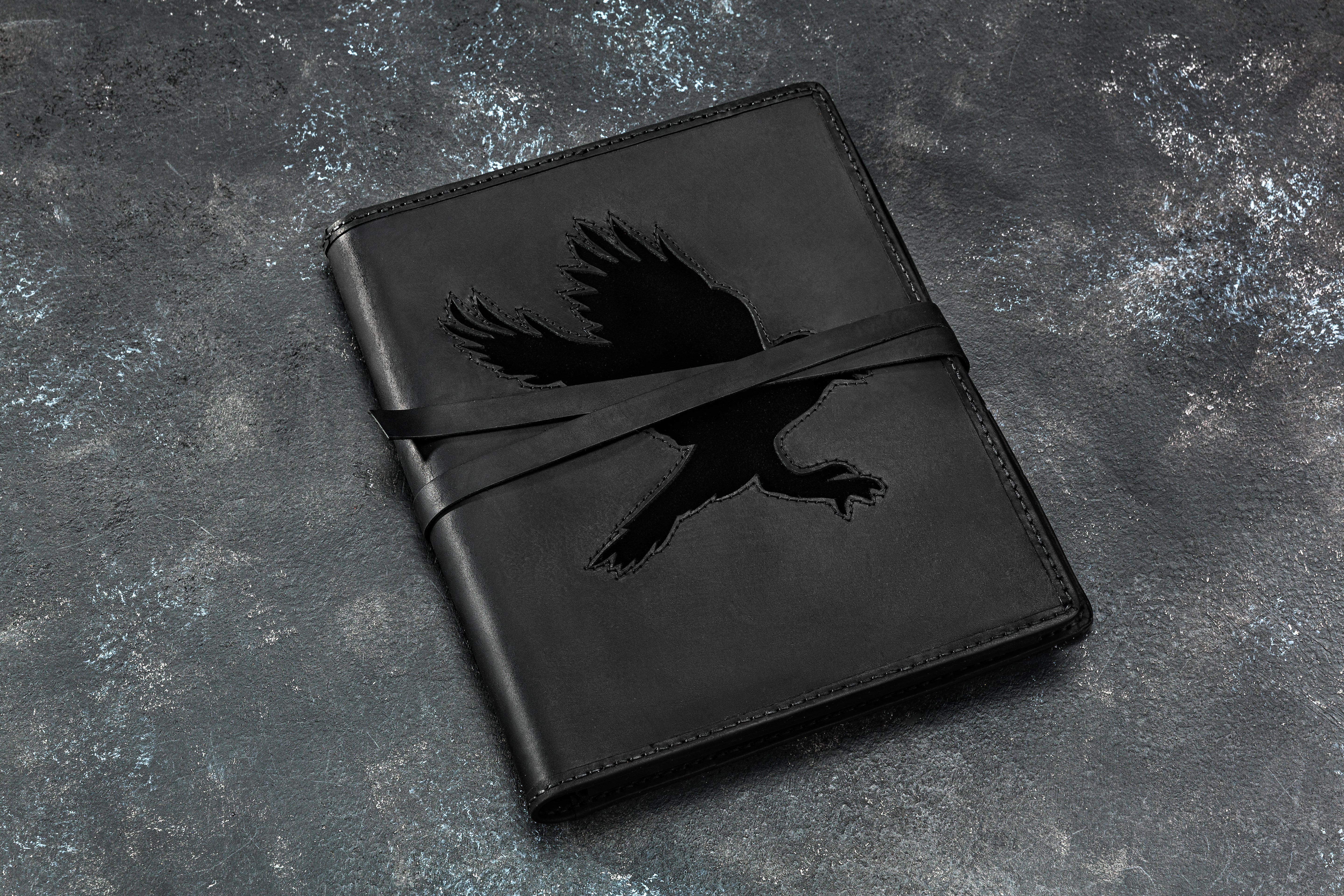 Handcrafted Leather Artist Organizer with Raven Decor | Sketchbook Cover & Pencil Case