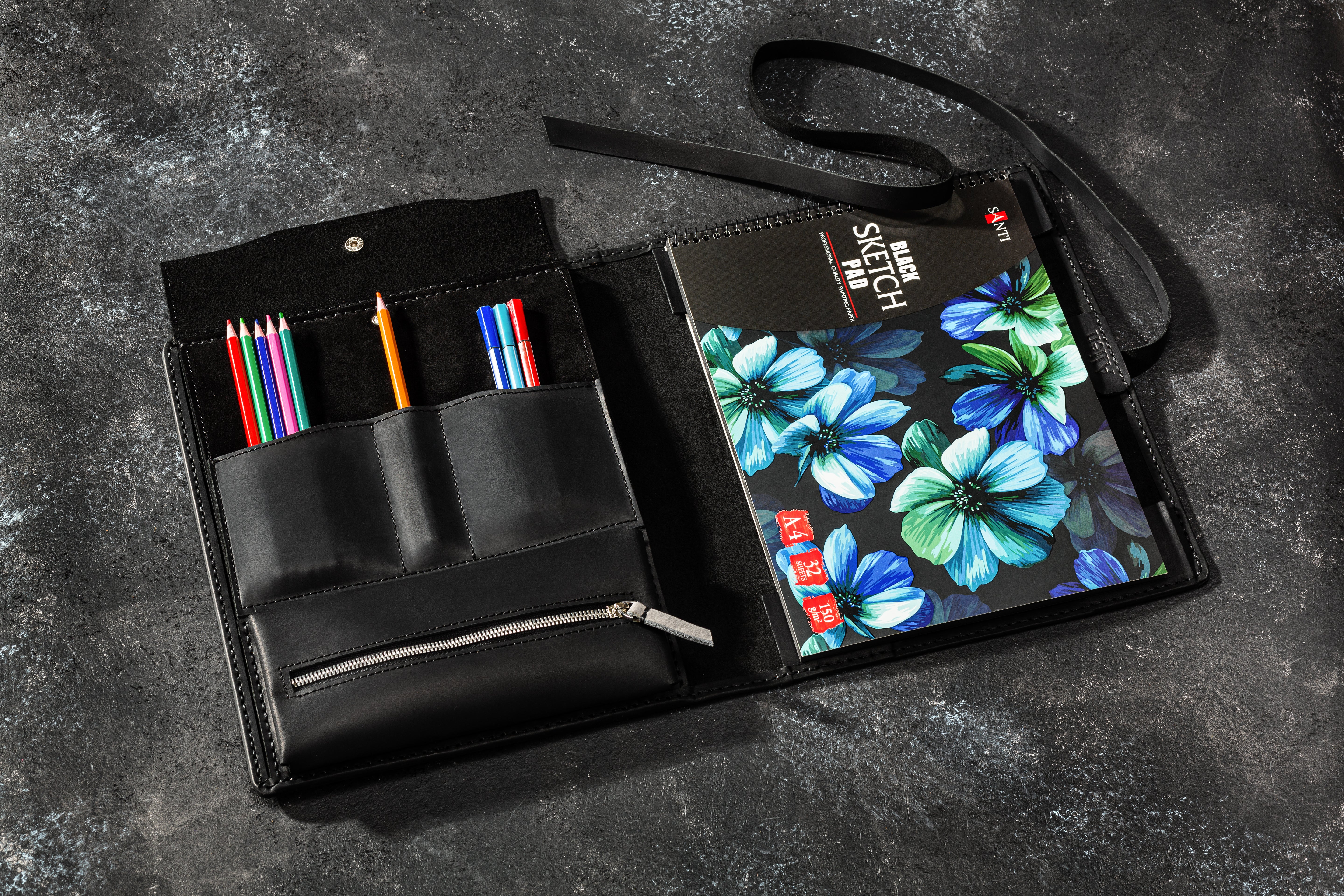 Handcrafted Leather Artist Organizer with Raven Decor | Sketchbook Cover & Pencil Case