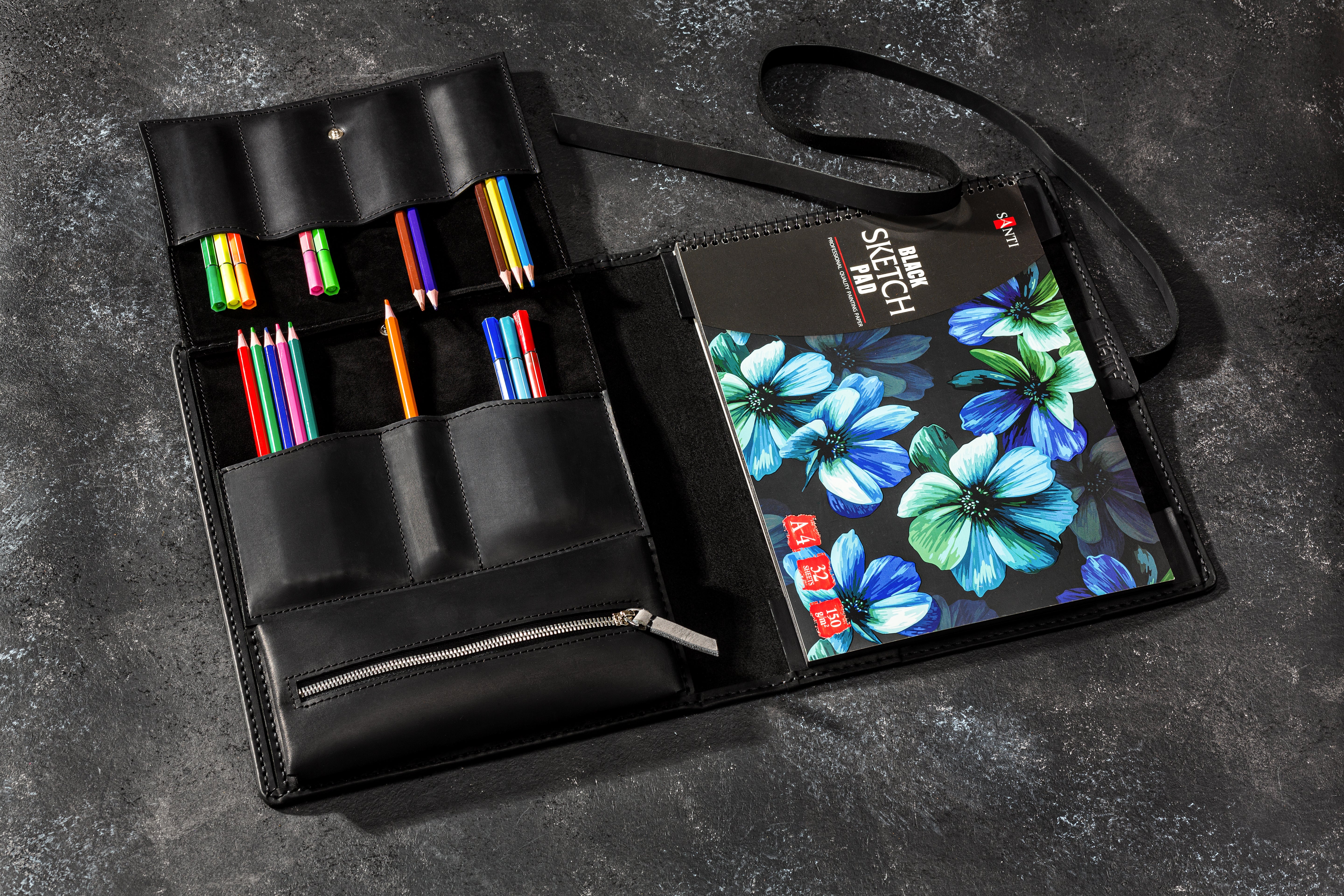 Handcrafted Leather Artist Organizer with Raven Decor | Sketchbook Cover & Pencil Case