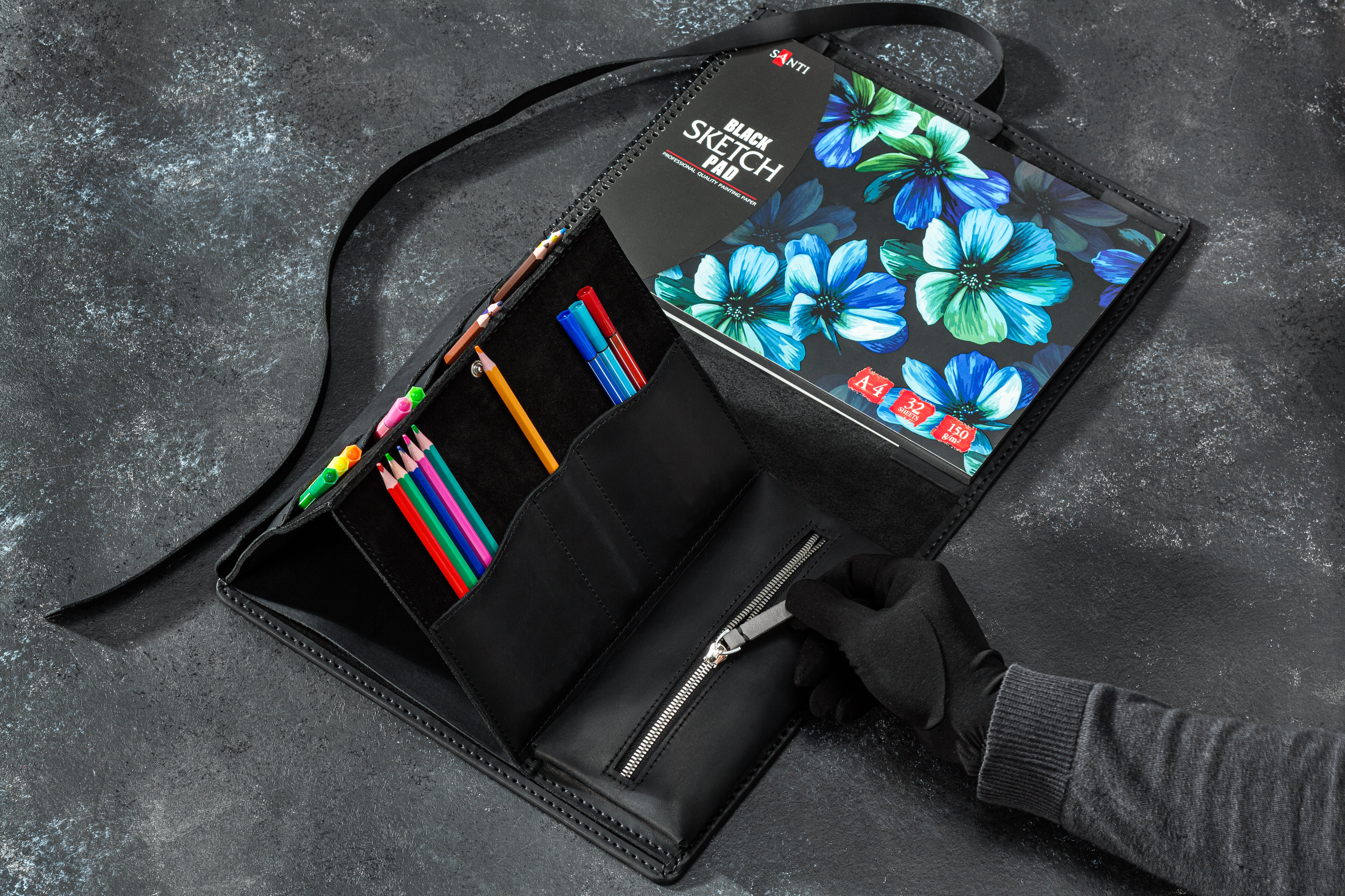 Handcrafted Leather Artist Organizer with Raven Decor | Sketchbook Cover & Pencil Case