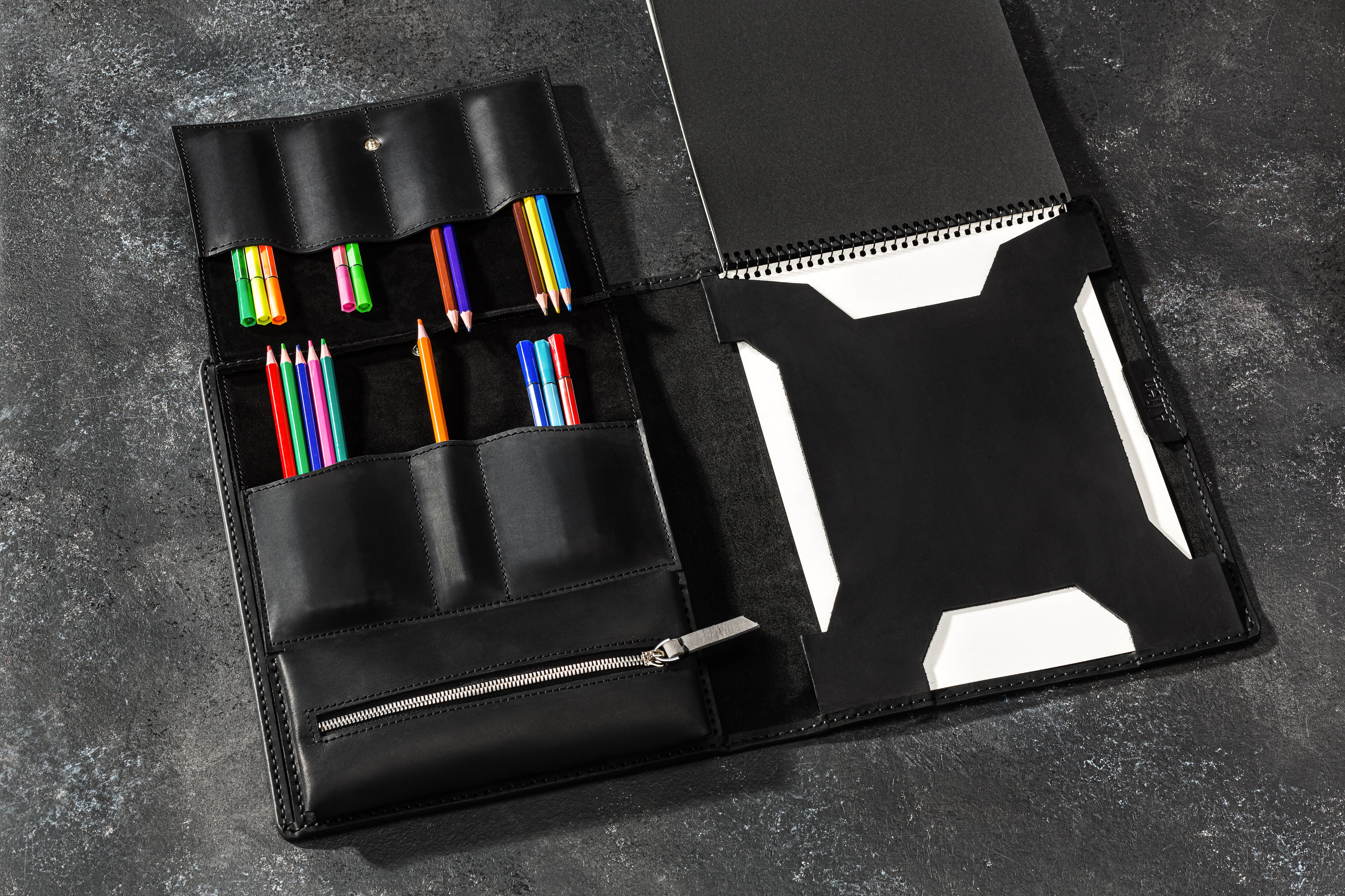 Handcrafted Leather Artist Organizer with Raven Decor | Sketchbook Cover & Pencil Case