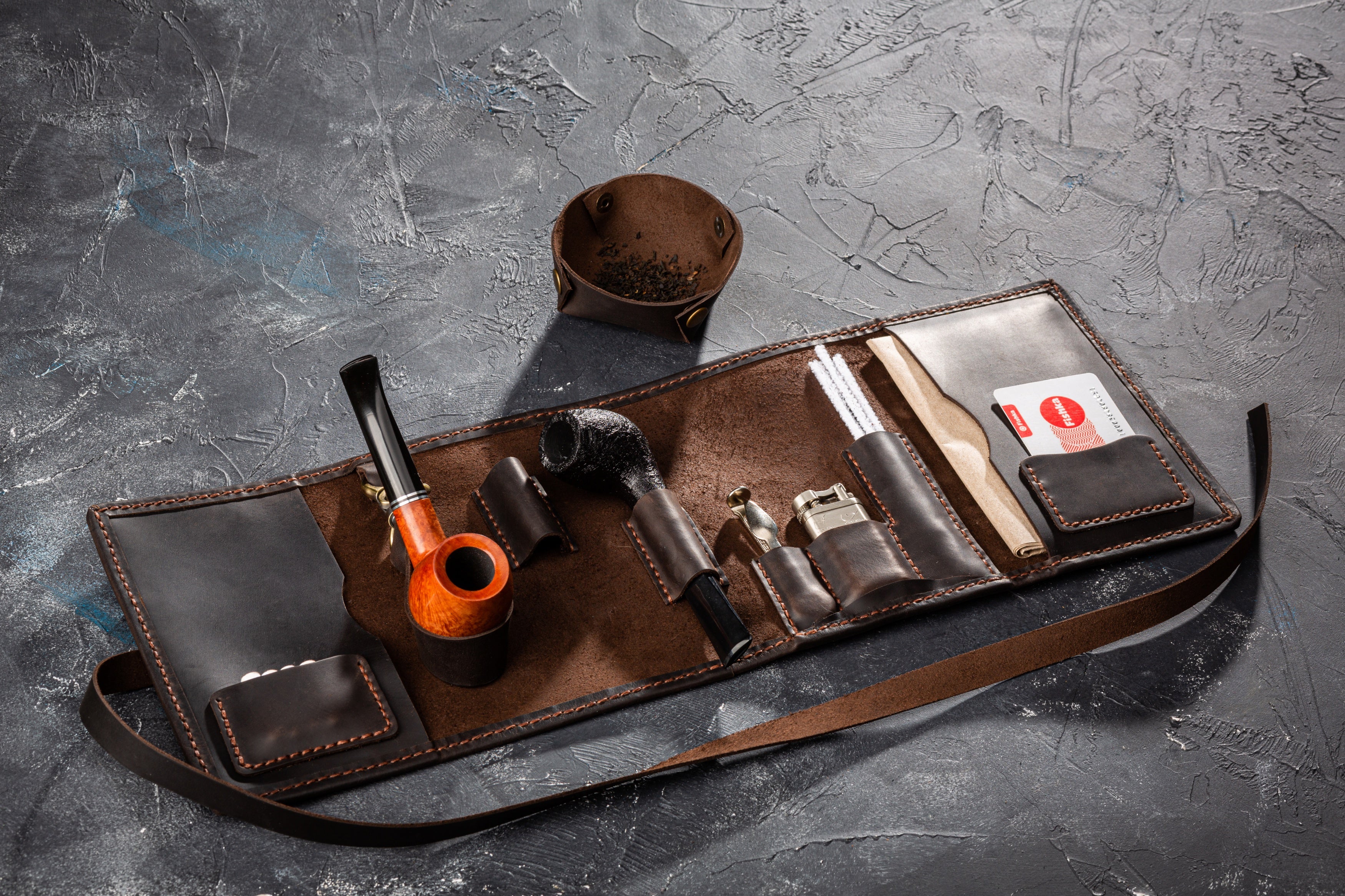 Leather Pipe Roll – Minimalist Organizer for Pipe Smokers |  Dark Brown (Milk Chocolate)  | Add your personalization