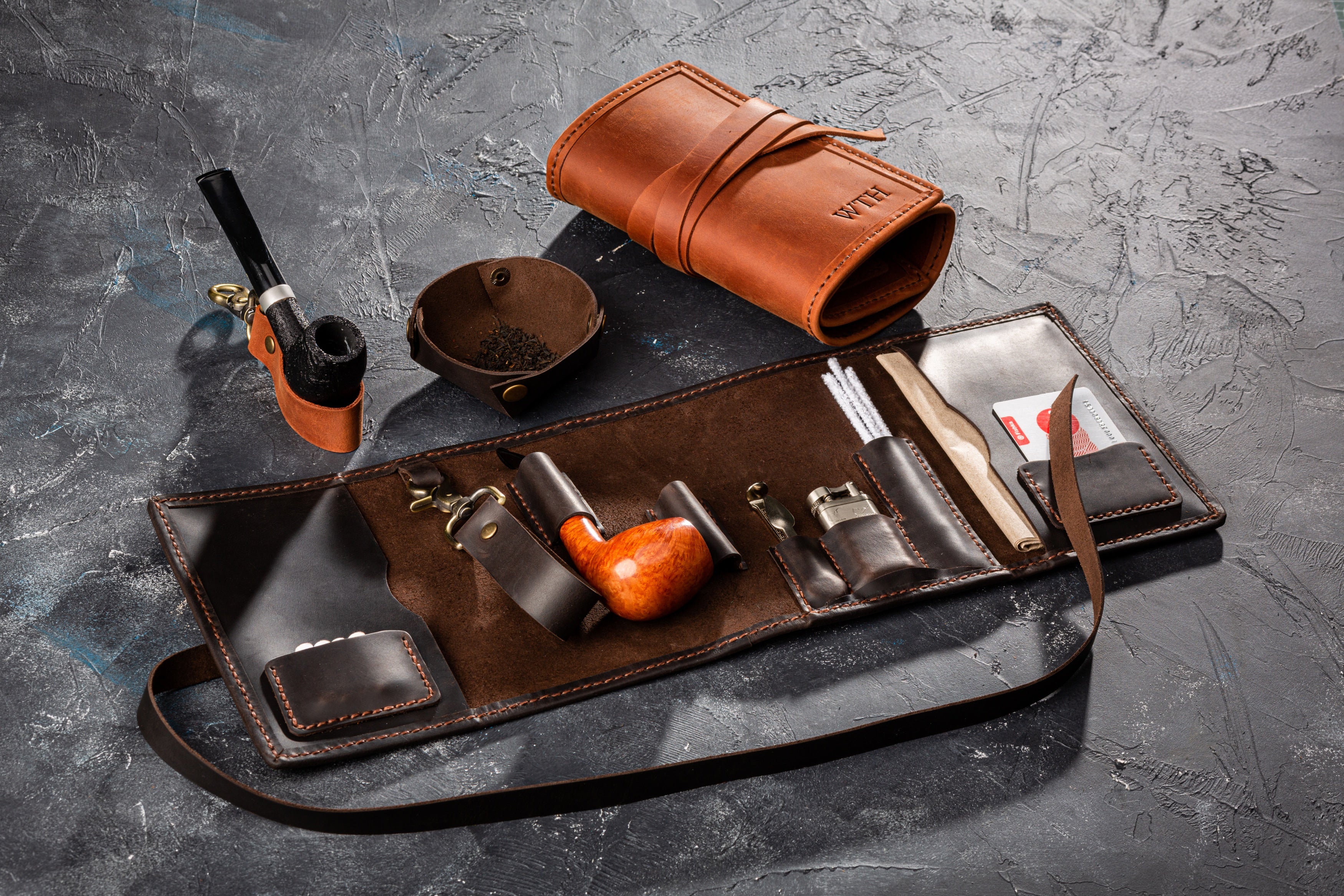 Leather Pipe Roll – Minimalist Organizer for Pipe Smokers |  Dark Brown (Milk Chocolate)  | Add your personalization