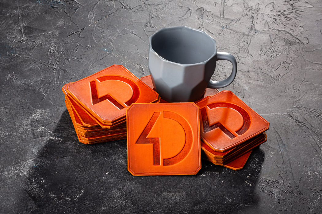 Mureli Workshop personalized corporate coasters, square leather drink mats