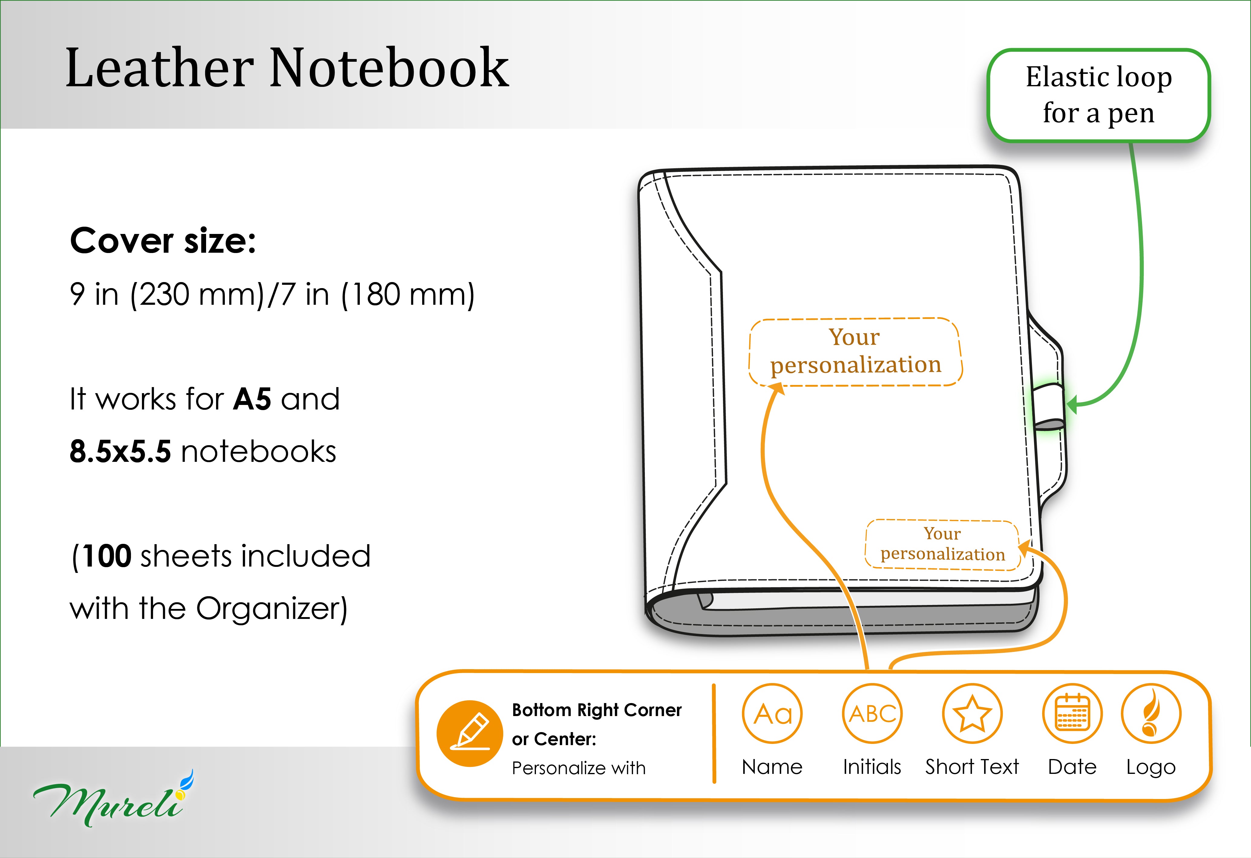Personalized Dark Brown Leather 6-Ring Binder Notebook with Pen Loop – A5 and 8.5 × 5.5 Paper