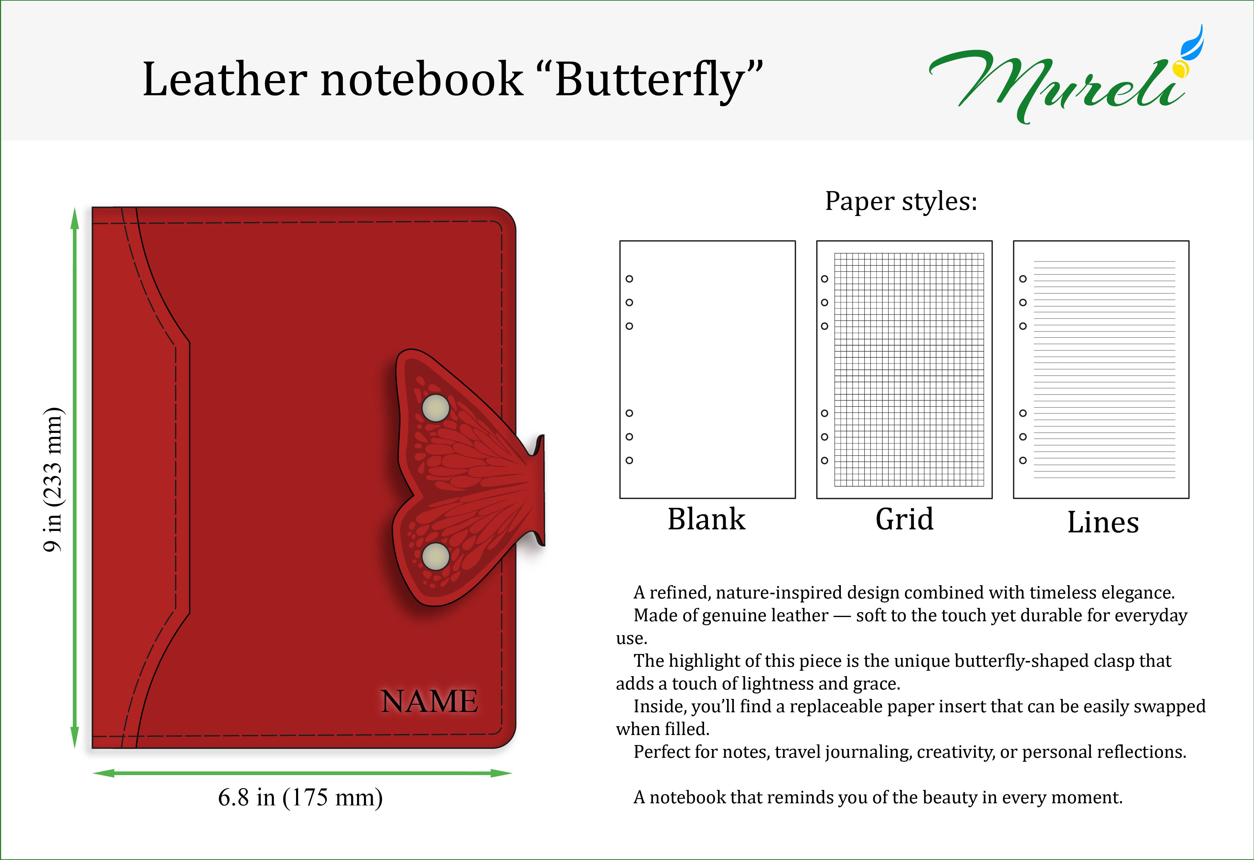 Mureli Green Leather Binder Notebook, Butterfly Wing Clasp, Refillable Ring Binder Journal, Personalized Name
