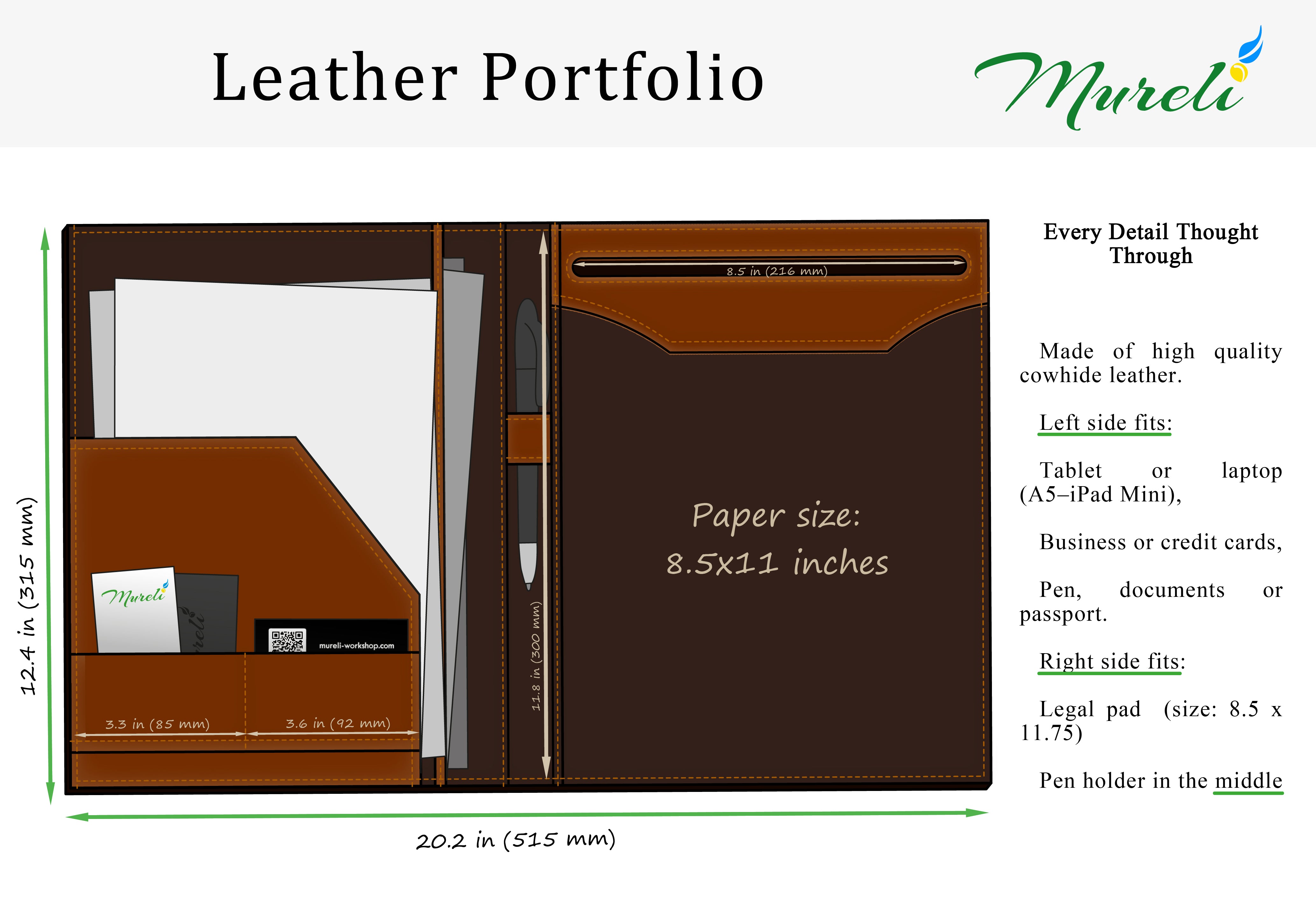 Leather portfolio size and interior layout diagram for Legal Pad 8.5 x 11.75 inches
