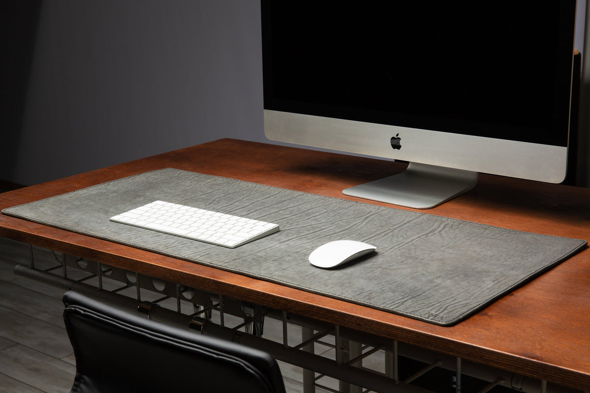 Luxury gray leather desk pad with celeste blue stitching, keyboard, mouse and personalized monogram