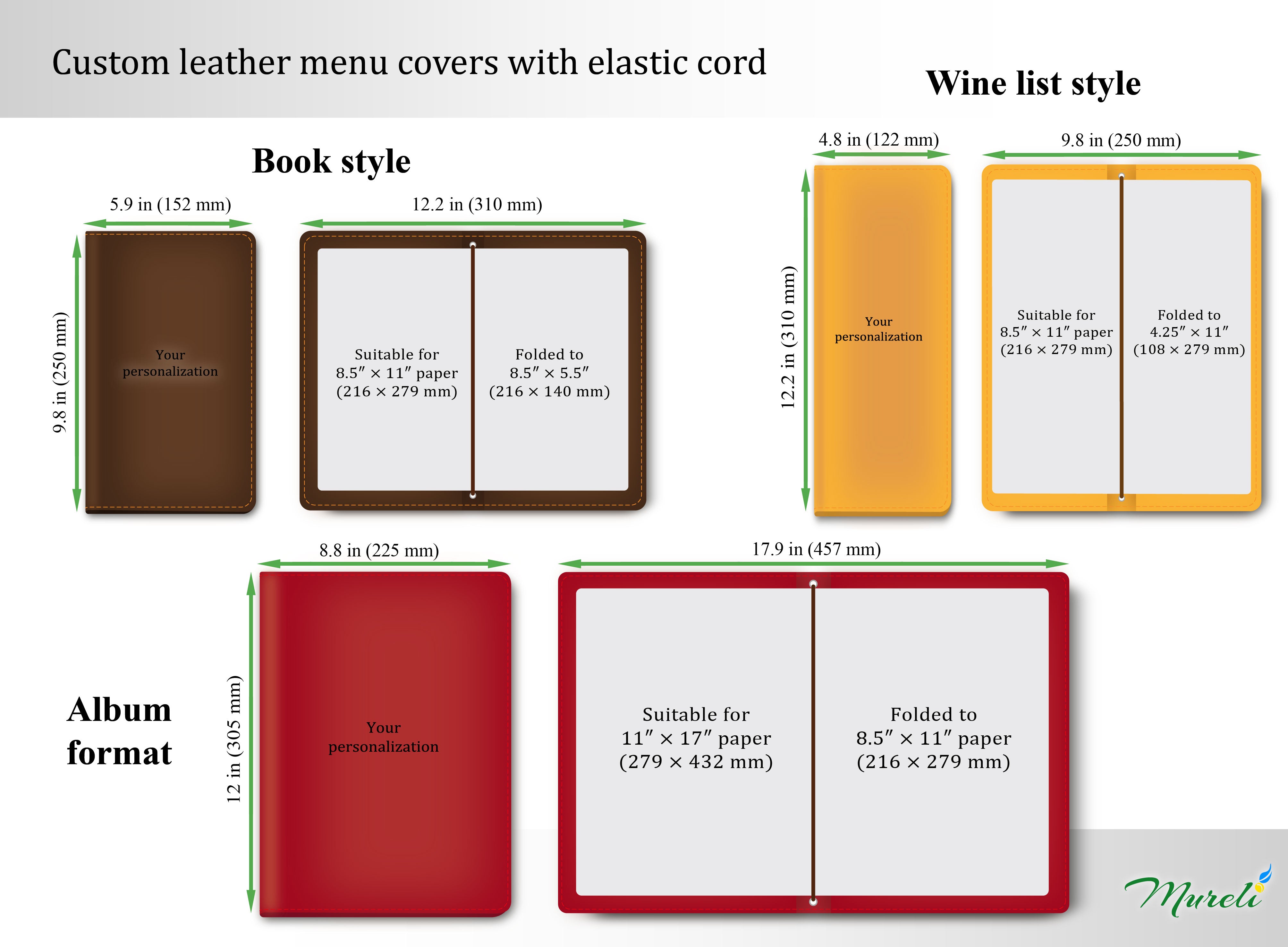 Black Leather Menu Cover with Elastic Cord for Letter, Wine List and 11 × 17 Paper | Mureli