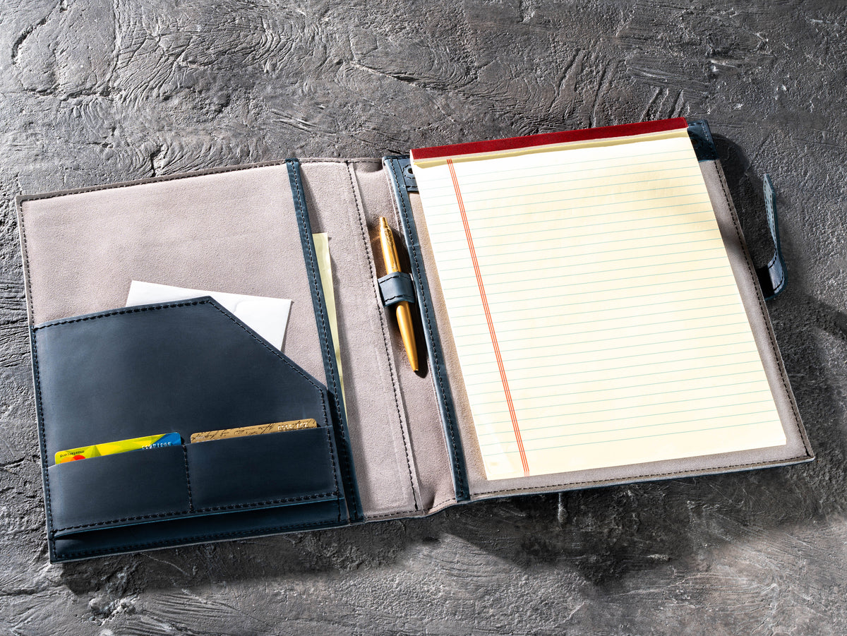 Navy Blue leather portfolio with writing pad, pen, documents and business card pockets